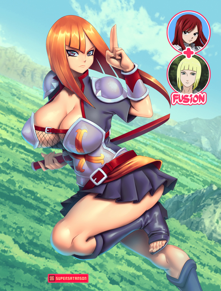 1girls, armor, belt, big breasts, blonde hair, blue eyes, bob cut, boots, bracelet, bracelets, breasts, brown eyes, busty, cleavage, clothed, clothed female, clothing, crossover, erza scarlet, fairy tail, female, female only, footwear, fully clothed, fusion, heel boots, heels, high heel boots, knee boots, kneehighs, large breasts, light skin, light-skinned female, long hair, medium hair, naruto, naruto (series), naruto shippuden, open toe shoes, outdoors, outside, pinup, pose, posing, red hair, revealing clothes, samui, short skirt, shoulder length hair, shoulder pads, shounen jump, sideboob, skirt, solo, supersatanson, sword, thick thighs, thighs, toes, voluptuous, weapon, yellow hair