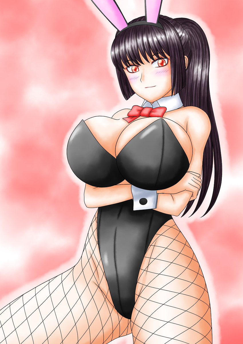 1girls, big breasts, black hair, blush, bon-chan, breasts, bunny costume, bunny ears, bunny girl, bunnysuit, clothed, clothing, female, female focus, female only, fishnet stockings, huge breasts, long hair, looking at viewer, please don't bully me, nagatoro, pose, president (nagatoro), red eyes, revealing clothes, sana sunomiya, simple background, solo