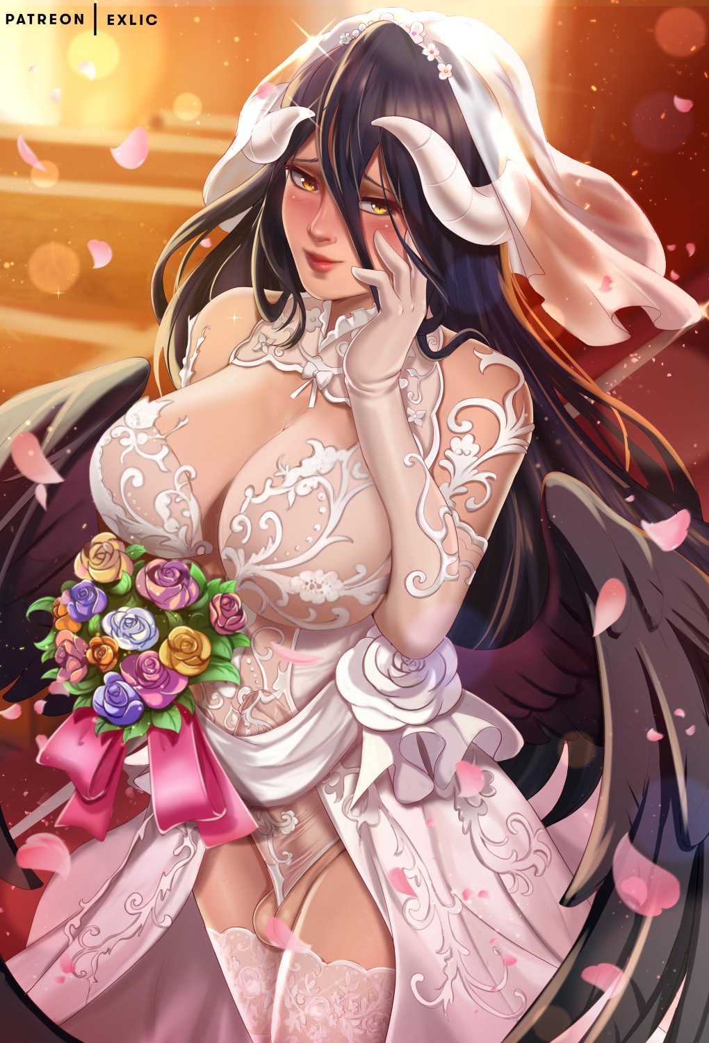 1futa, albedo (overlord), balls, big breasts, big penis, black hair, blush, breasts, bride, bulge, clothed, clothing, cute, detailed background, elbow gloves, erection, erection under clothes, exlic, futa only, futanari, gloves, humanoid, intersex, large breasts, light skin, light-skinned futa, looking at viewer, mostly clothed, overlord (maruyama), pale skin, penis, penis under clothes, solo, standing, thick thighs, thighhighs, wedding lingerie, wedding veil, wide hips, yellow eyes