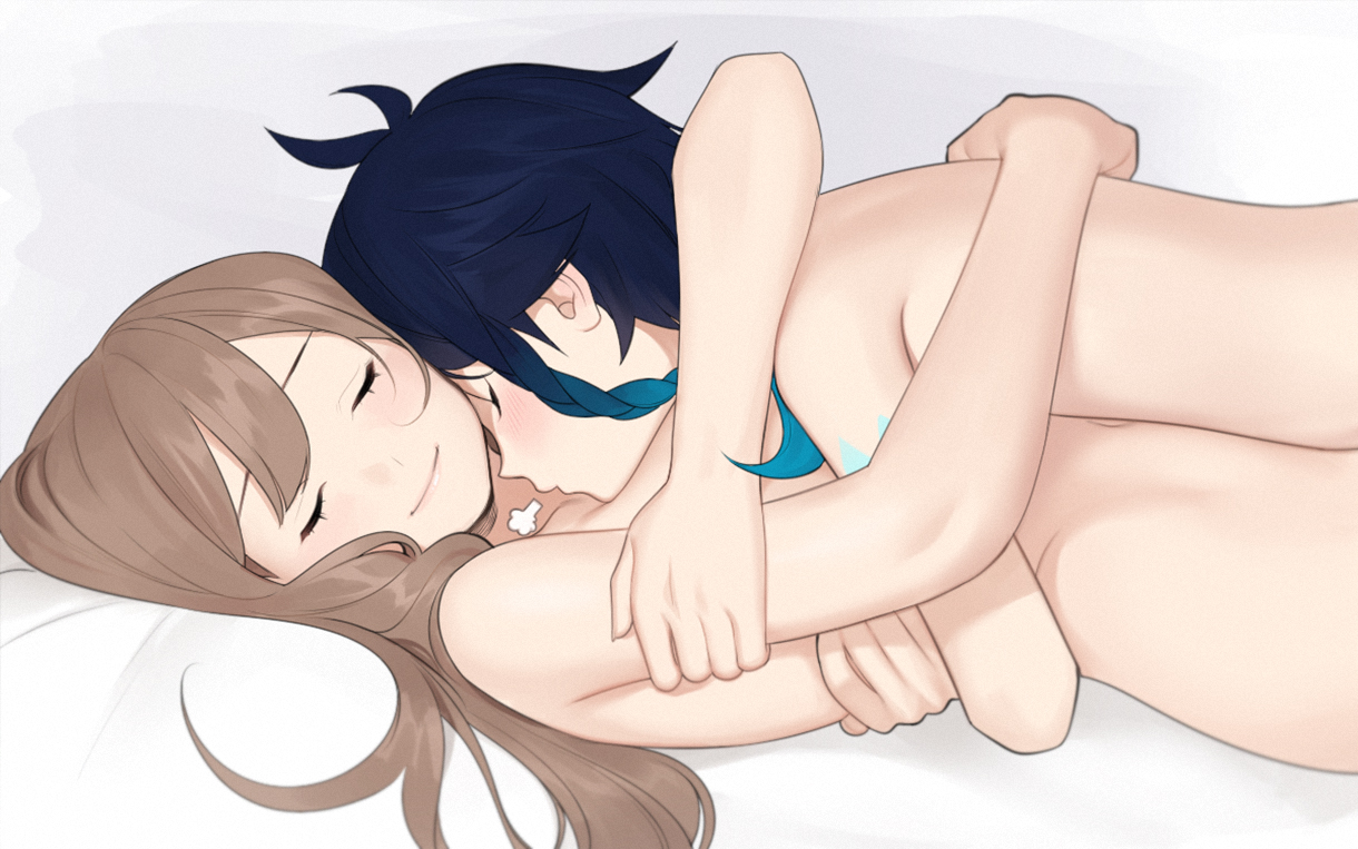 1boy, 1girls, abbystea, bed, blue hair, blush, braid, breasts, brown hair, closed eyes, female, femboy, femboy on female, genshin impact, hetero, hug, light skin, light-skinned female, light-skinned male, lisa (genshin impact), long hair, lying, lying on person, male, male/female, medium breasts, nude, nude female, nude male, on back, pale skin, pale-skinned female, pale-skinned male, sleeping, smile, straight, venti (genshin impact), wholesome