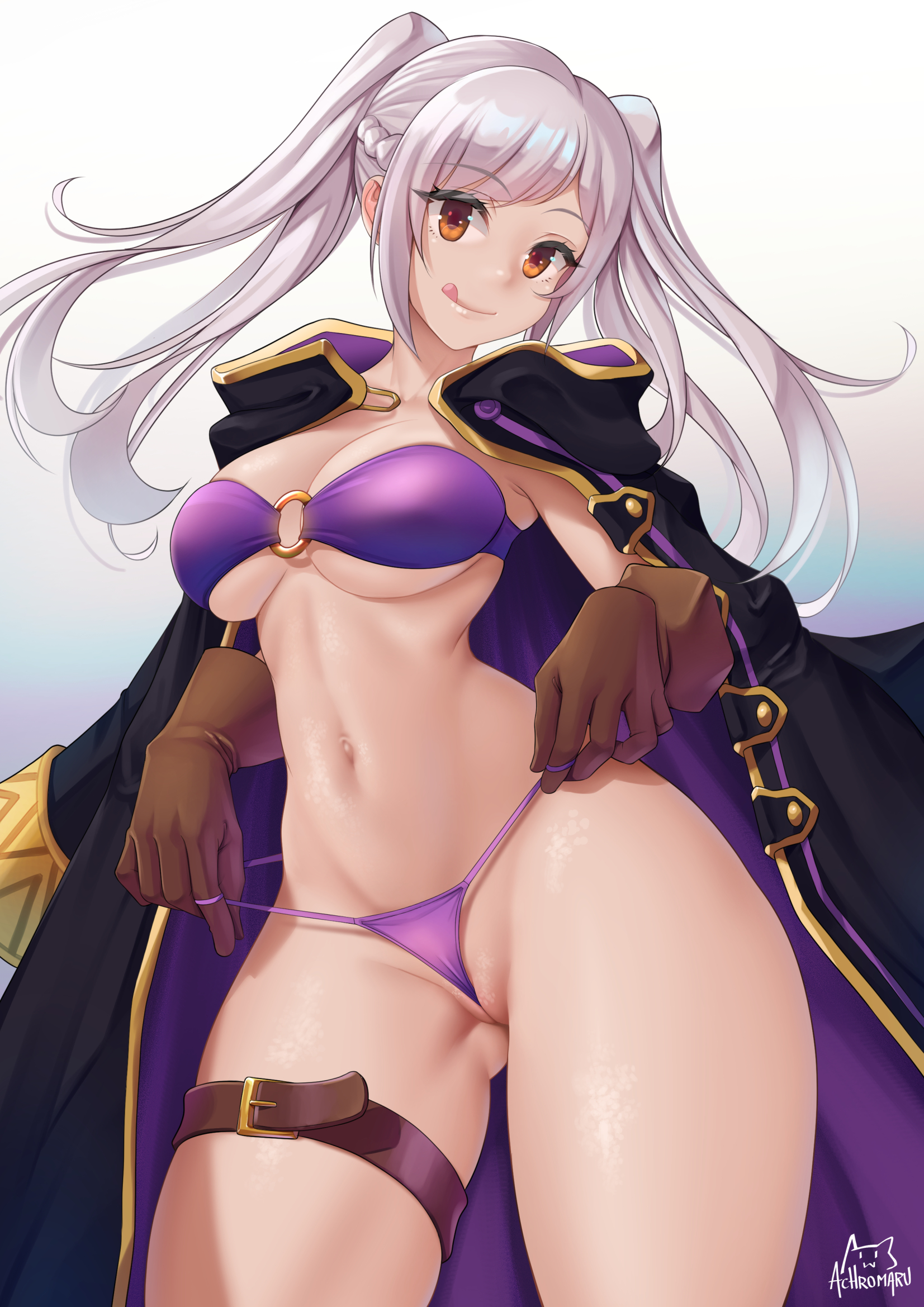 :p, 1girls, achromaru, alternate costume, bikini, breasts, brown eyes, coat, eyebrows visible through hair, female, fire emblem, fire emblem awakening, fire emblem heroes, gloves, grey hair, highres, large breasts, licking lips, looking at viewer, midriff, navel, nintendo, o-ring, o-ring bikini, official alternate costume, pulling, purple bikini, purple swimsuit, robin (fire emblem), robin (fire emblem) (female), smile, solo, solo female, swimsuit, tagme, thick thighs, thighs, thin waist, tongue, tongue out, twintails, underboob, white hair, wide hips