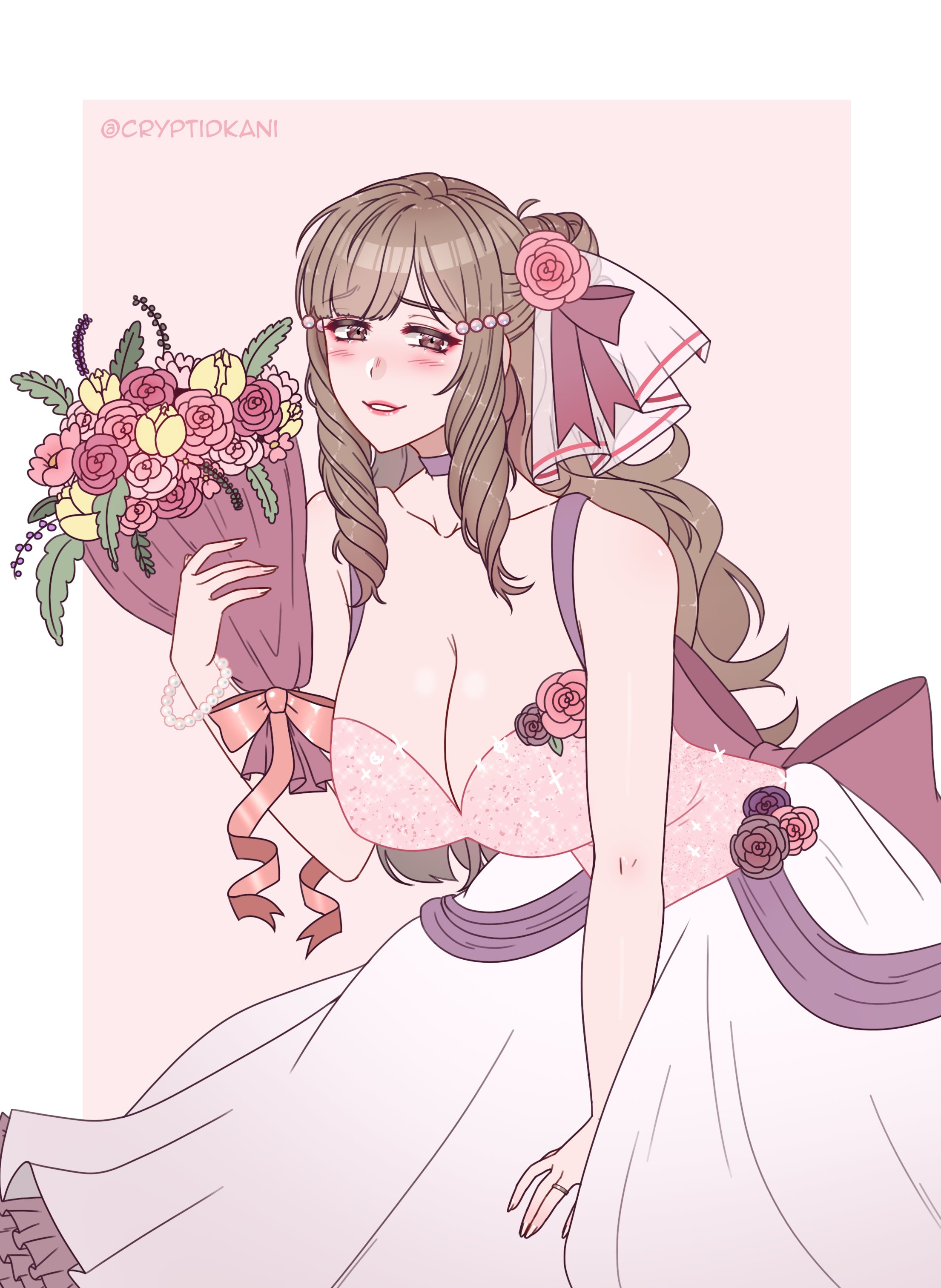 1girls, alternate costume, bare arms, bouquet, breasts, bride, brown eyes, brown hair, cleavage, cryptid crab, female, fire emblem, fire emblem awakening, flower, hair flower, huge breasts, long hair, looking at viewer, nintendo, ring, smile, solo, solo female, sumia (fire emblem), wedding dress, wedding ring