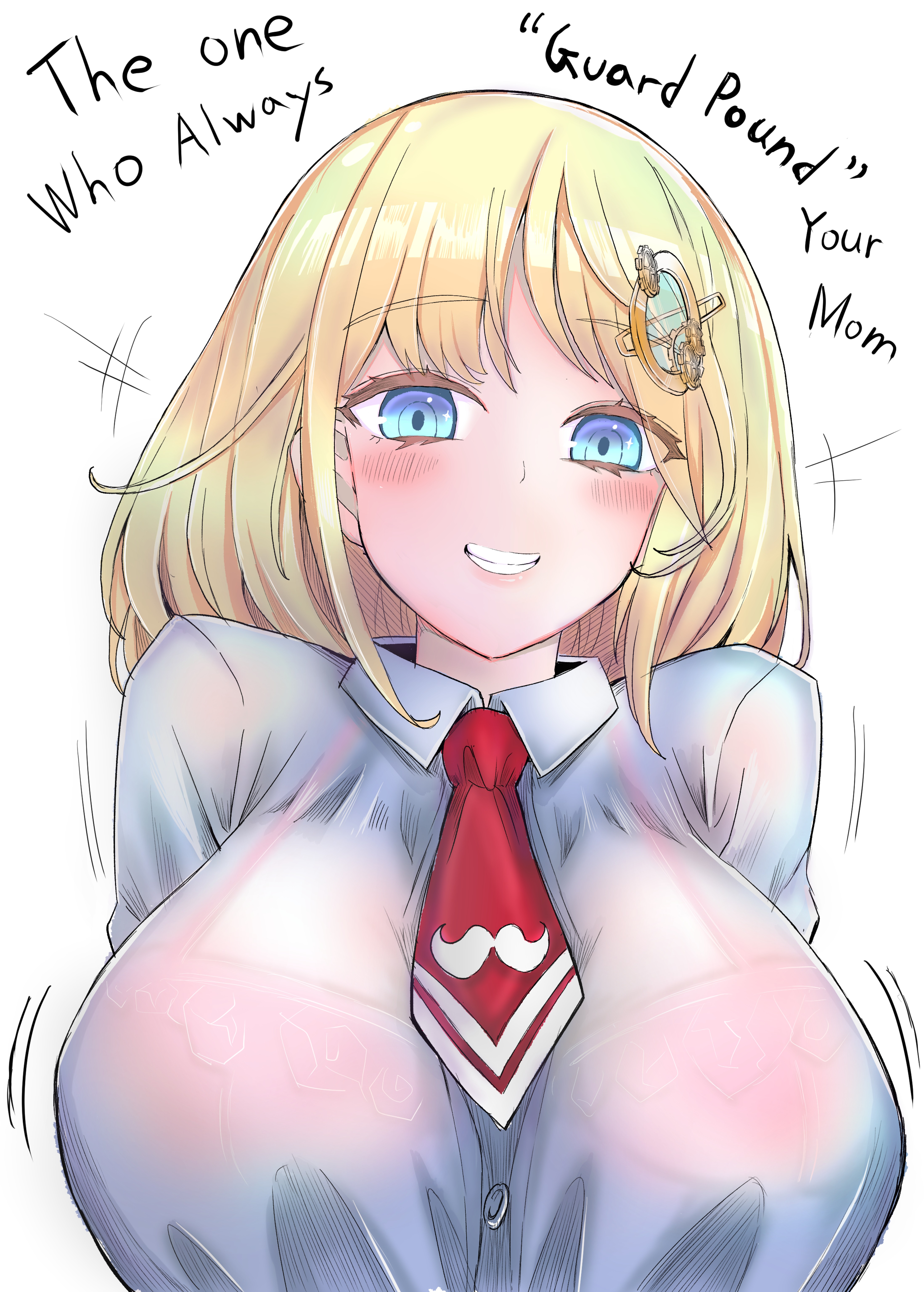 1girls, big breasts, blonde hair, blue eyes, blush, bra, bra visible through clothes, breasts, clothed, female, fully clothed, hololive, hololive english, hololive myth, looking at viewer, see-through, see-through clothing, smile, smiling, virtual youtuber, watson amelia, white shirt