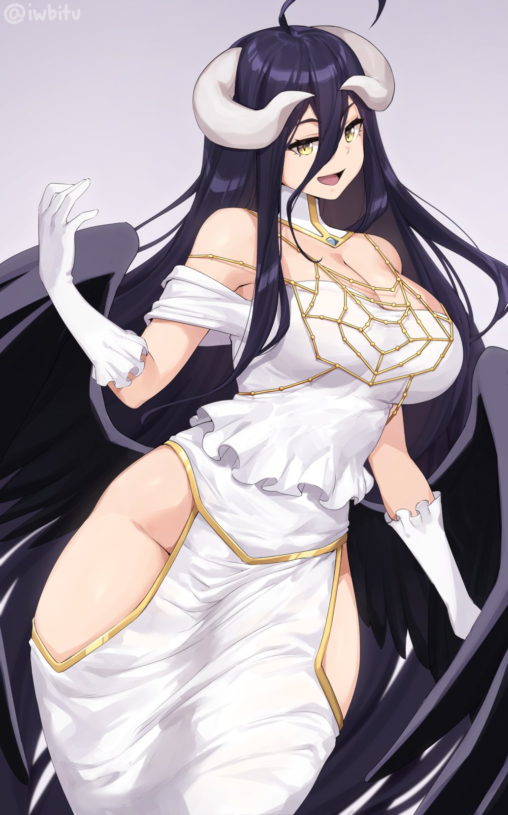 1girls, albedo (overlord), big breasts, black hair, breasts, cleavage, demon, female, horns, iwbitu, large breasts, long hair, open mouth, overlord (maruyama), smile, smiling, solo, solo female, solo focus, succubus, thick thighs, white dress, wide hips, yellow eyes