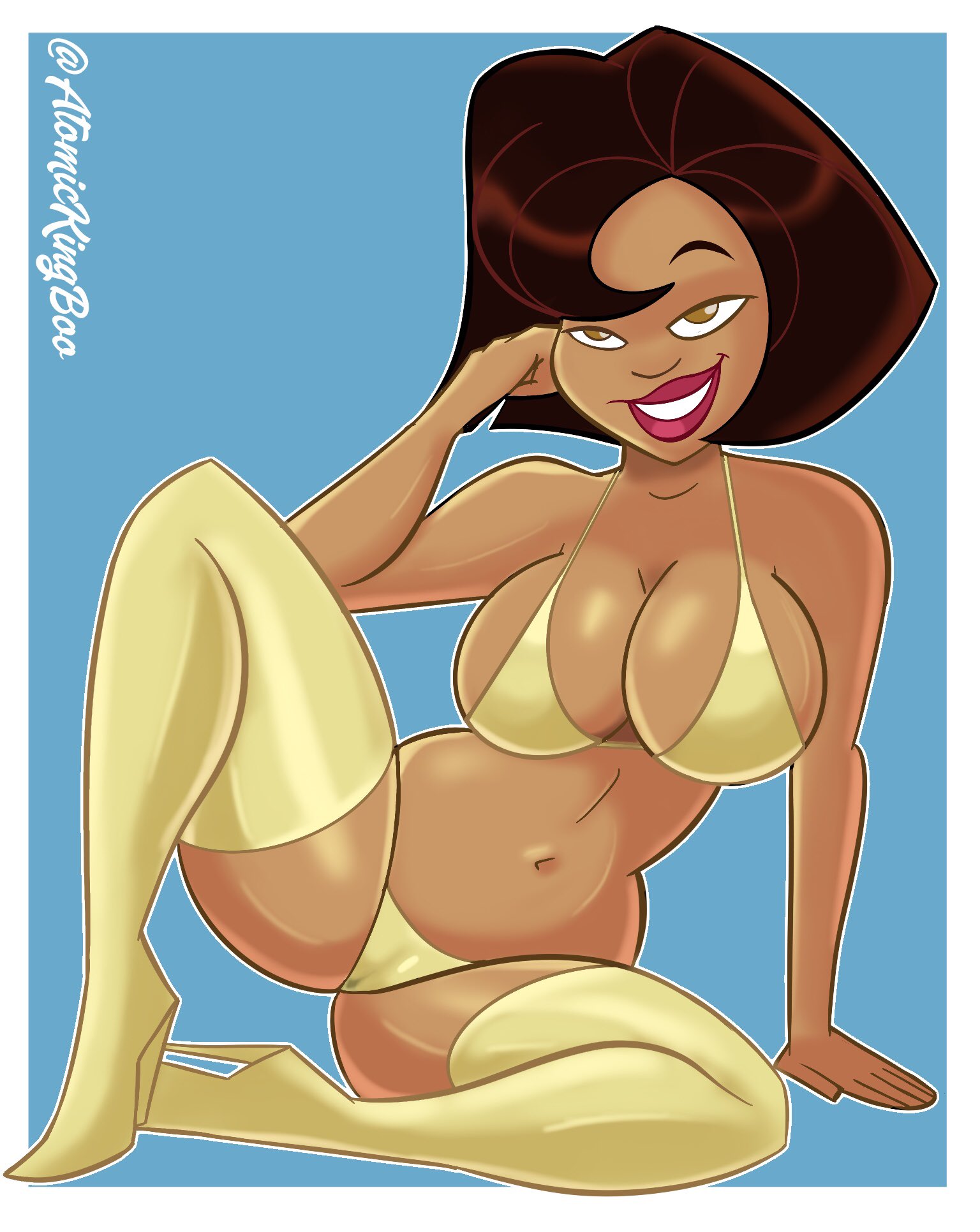 1girls, atomickingboo, bikini, breasts, brown body, brown hair, brown skin, busty, disney, disney channel, female, female only, high heel boots, high heels, legs, looking at viewer, mature female, milf, nipples, partially clothed, smile, smiling, solo, tagme, the proud family, thick legs, thick thighs, thighs, trudy proud, wide hips