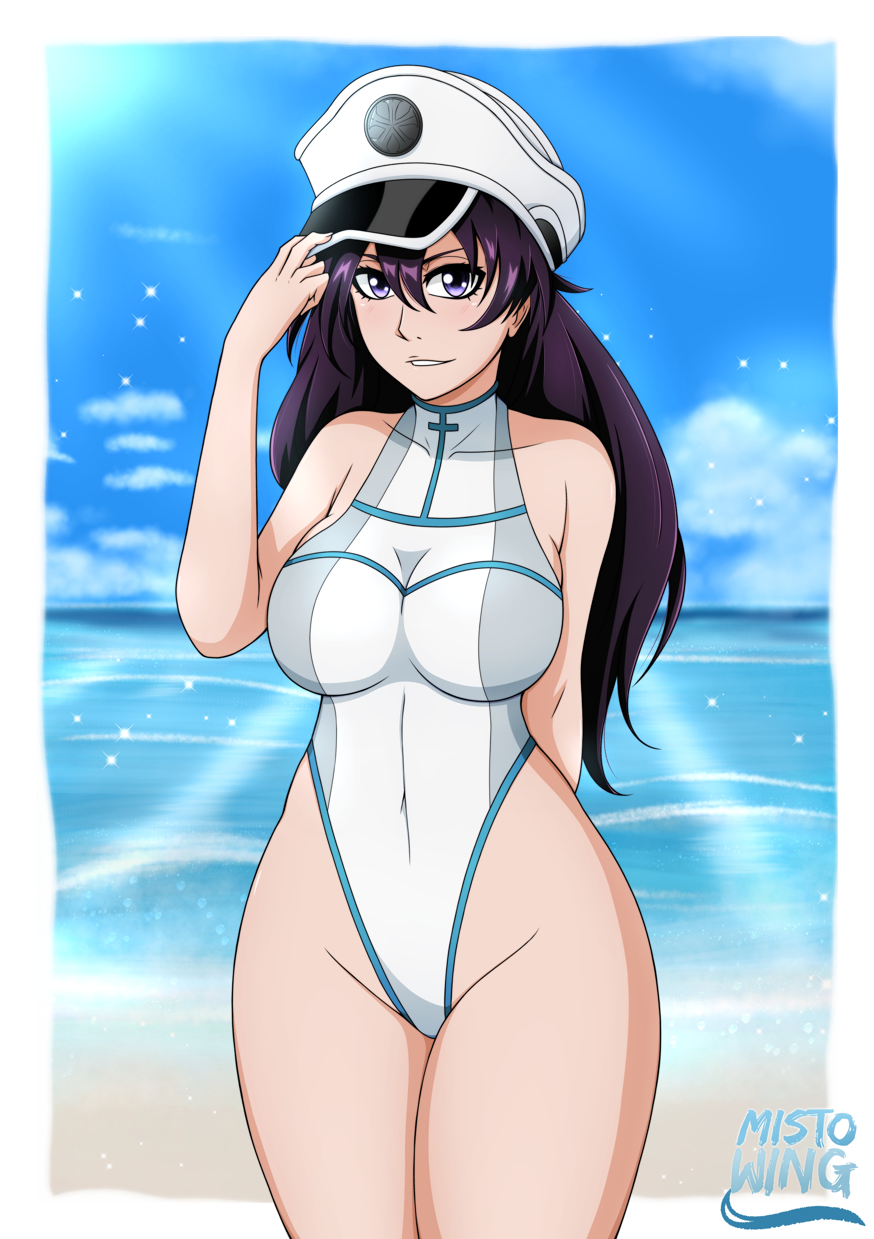 1girls, adjusting hat, arm behind back, bambietta basterbine, bangs, bare arms, bare legs, bare shoulders, beach, bleach, bleach: the thousand-year blood war, breasts, closed legs, collarbone, cropped legs, curvaceous, curvy, curvy female, curvy figure, female, female only, front view, hat, headwear, huge breasts, large breasts, light skin, light-skinned female, long hair, looking at viewer, mistowing, narrow shoulders, ocean, one-piece swimsuit, outdoors, parted lips, pinup, purple eyes, purple hair, sand, shiny, shiny hair, shiny skin, skindentation, smile, solo, standing, sun, sunlight, swimsuit, thick thighs, thin arms, water, waving, white border, wide hips