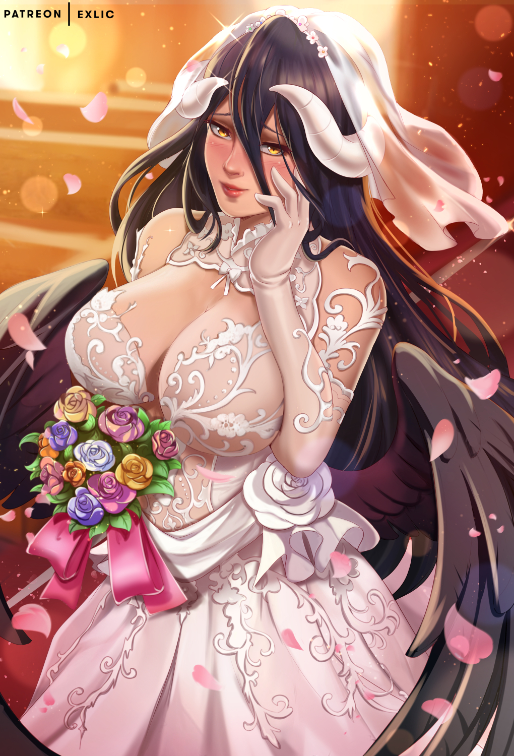 1girls, albedo (overlord), big breasts, black hair, blush, bouquet, breasts, bridal veil, bride, demon, exlic, female, female only, horns, large breasts, overlord (maruyama), solo, succubus, thick thighs, wedding dress, wide hips, yellow eyes