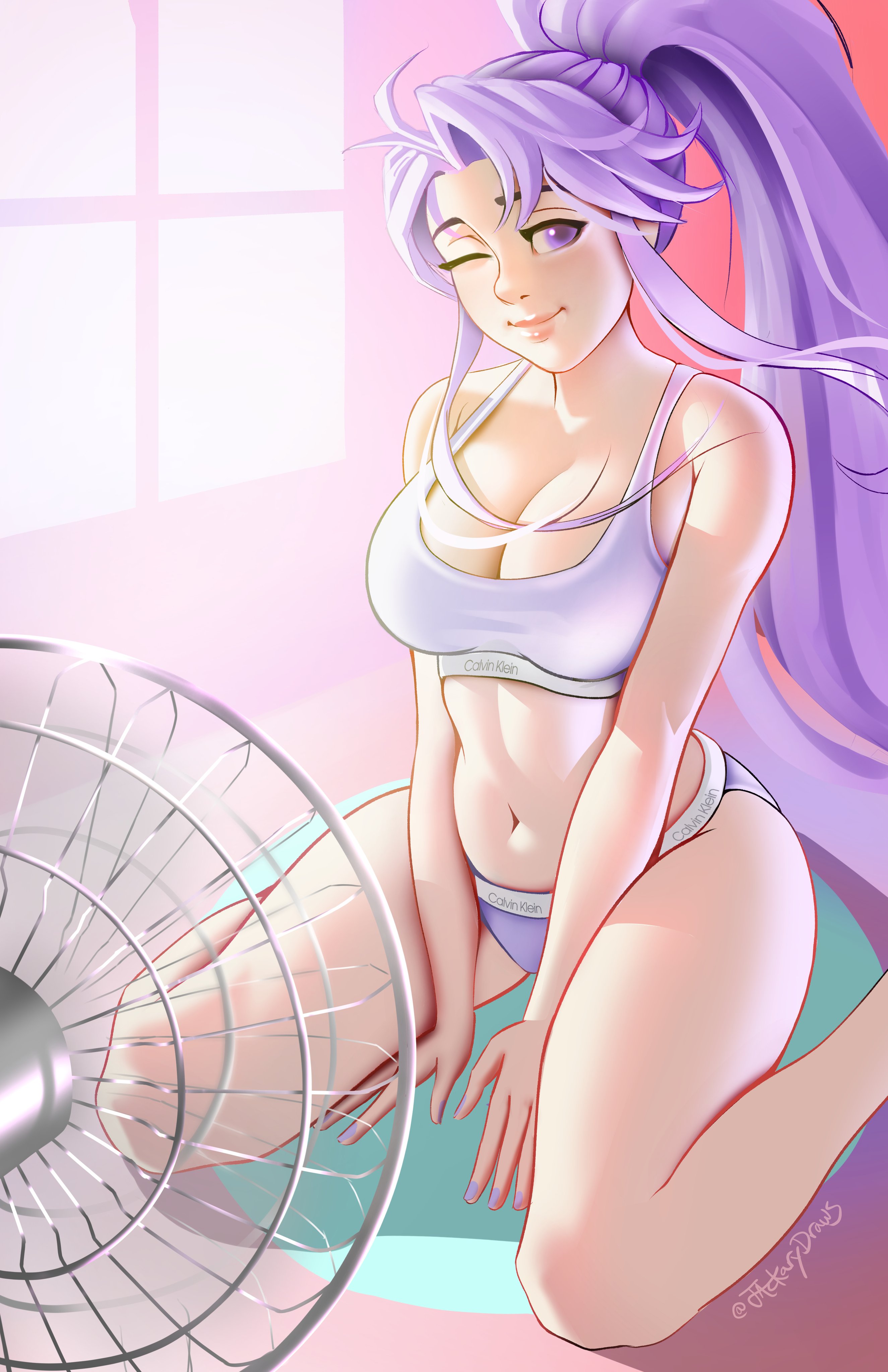 1girls, absurdres, bare arms, bare legs, breasts, cleavage, cooling off, electric fan, fan, female, female only, female torso, fire emblem, fire emblem: genealogy of the holy war, jackary draws, kneeling, large breasts, light skin, light-skinned female, long hair, looking at viewer, midriff, nail polish, navel, nintendo, on floor, on ground, one eye closed, panties, ponytail, purple eyes, purple hair, purple nails, purple panties, smile, solo, tailtiu (fire emblem), tank top, thick thighs, thighs, underwear, wink