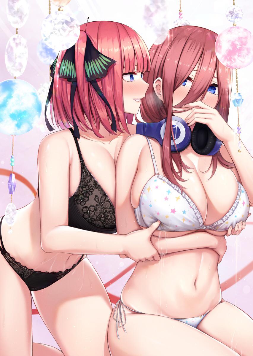 big breasts, blue eyes, blush, bra, breasts, brown hair, covered nipples, covering breasts, female, go-toubun no hanayome, grabbing breasts, lactation, nakano miku, nakano nino, panties, red hair