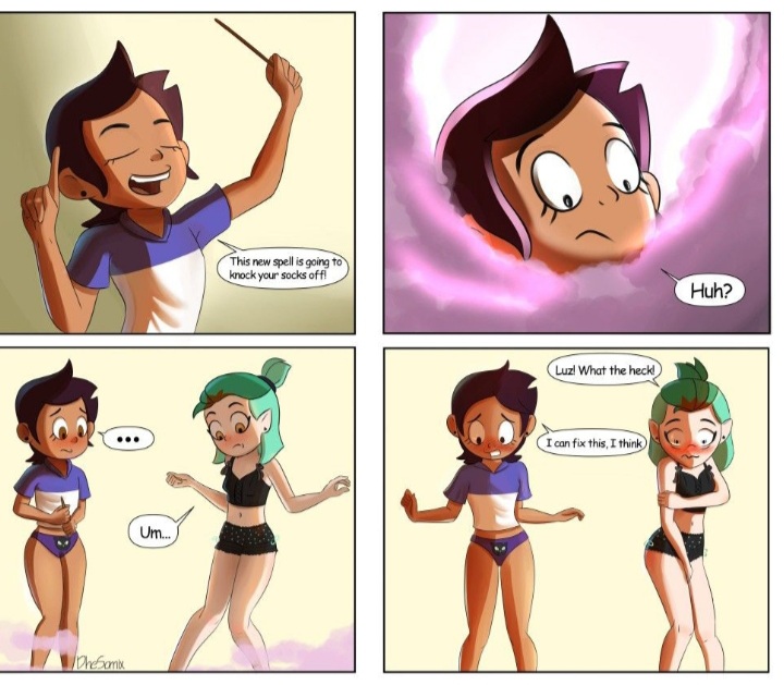 2girls, amity blight, blush, brown hair, canon couple, chocolate and vanilla, clothing, comic, dark skin, dark-skinned female, dialogue, disney, disney channel, dominican, embarrassed, enf, english text, female, female only, green hair, hispanic, human, humanoid, latina, light skin, light-skinned female, lost clothes, low res, luz noceda, magic, multiple females, multiple girls, pale skin, panties, straight hair, text, the owl house, underwear, witch