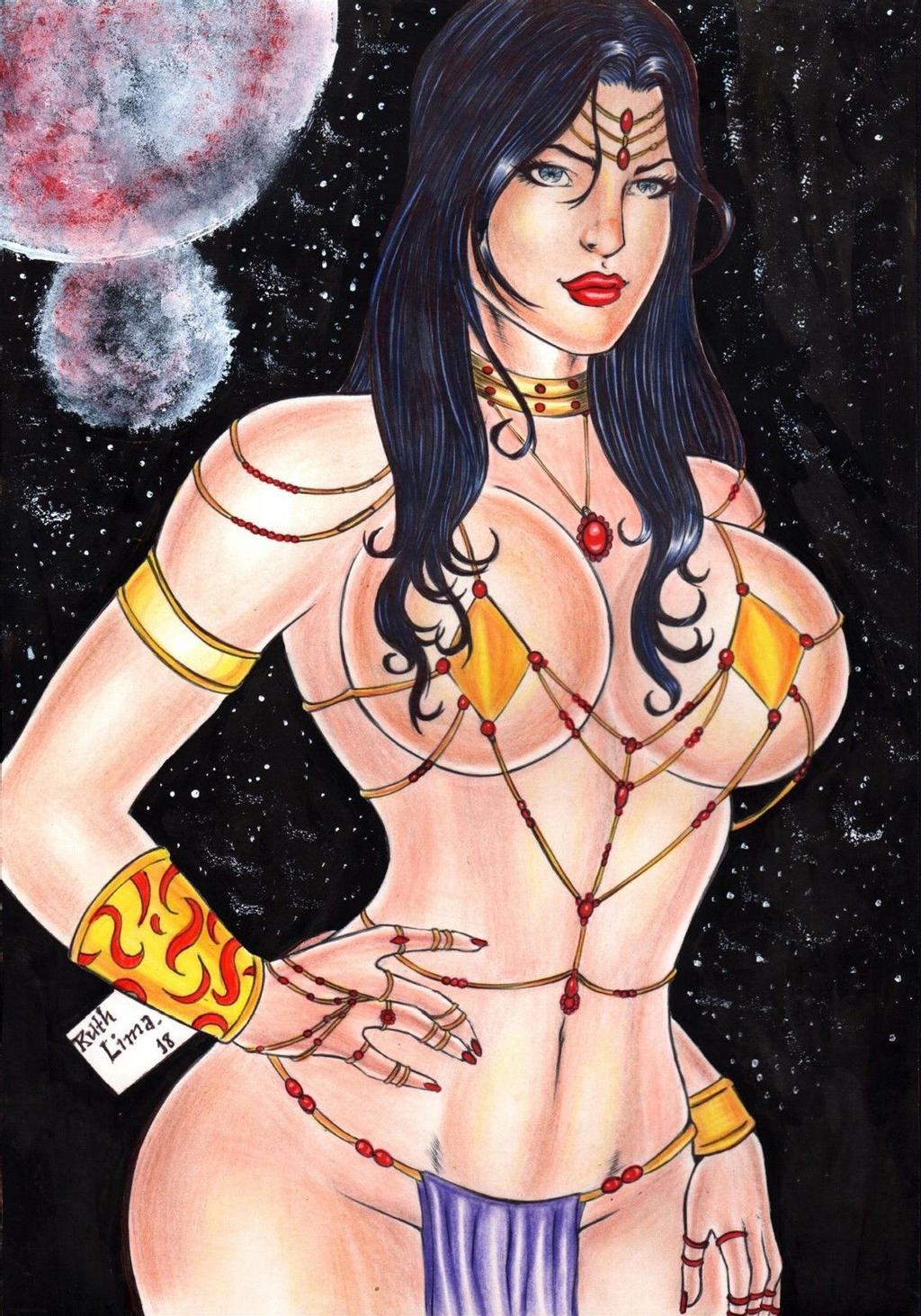 a_princess_of_mars armlet barsoom black_hair blue_eyes bracelet choker dejah_thoris jewelry john_carter_of_mars large_breasts loincloth long_hair looking_at_viewer micro_bikini_top necklace royalty ruth_lima voluptuous