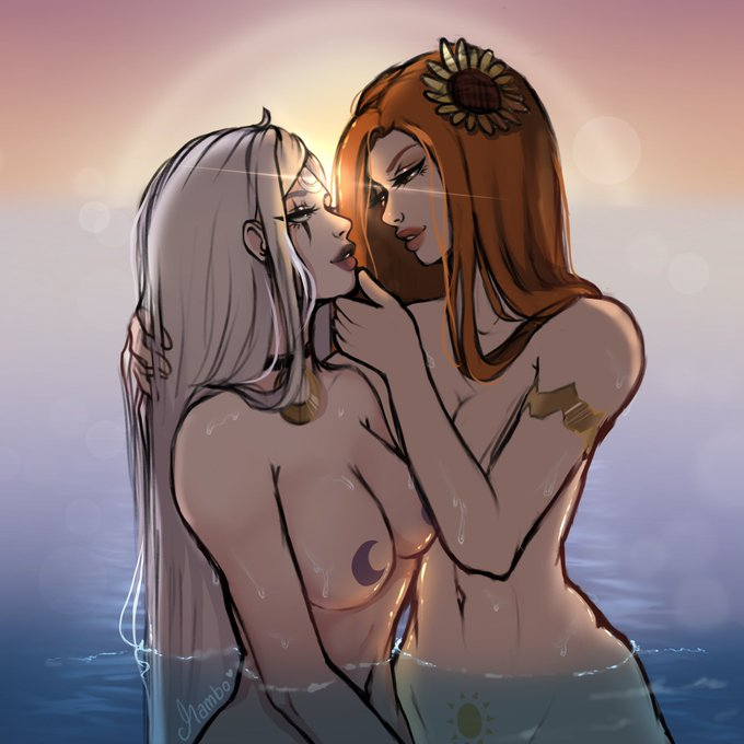 canon_couple completely_nude diana_(league_of_legends) imminent_kiss league_of_legends leona_(league_of_legends) long_hair ornament pool_party_diana pool_party_leona pool_party_series red_hair sunflower sunlight sunset tattoo tattoos water white_hair yuri