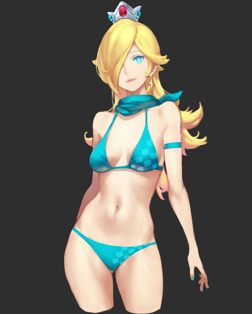 1girls, 2021, armband, bikini, black background, blonde hair, blue bikini, blue eyes, blue nails, blue scarf, breasts, crown, earrings, fasces, female, female only, hair over one eye, looking at viewer, mario (series), mario kart, medium breasts, nail polish, navel, nintendo, pinup, pose, princess rosalina, scarf, shiny skin, simple background, smile, solo, standing, star earrings, very long hair