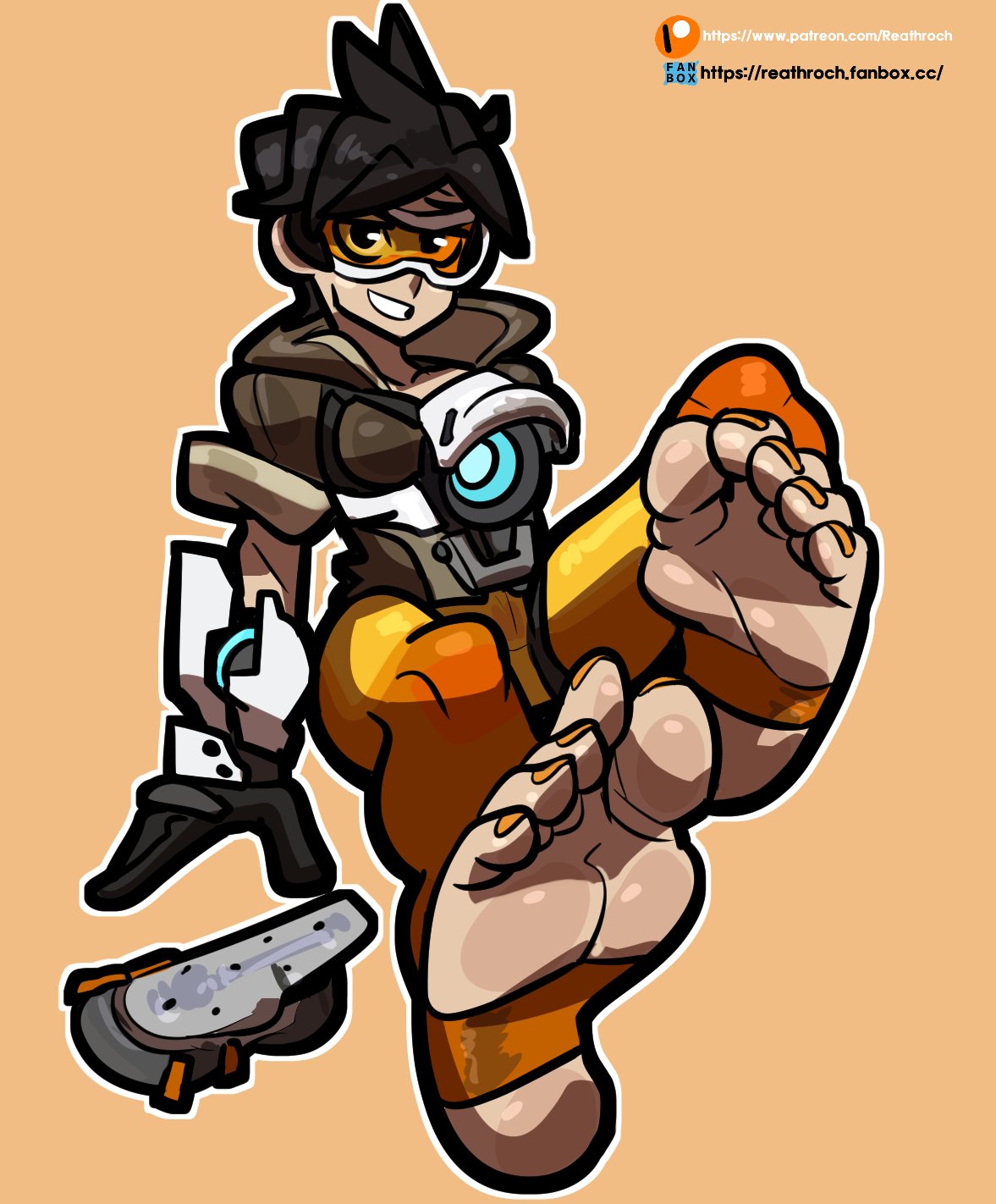 barefoot, black hair, chronal accelerator, crocs, feet, female, foot fetish, gloves, overwatch, overwatch 2, painted toenails, reathroch, shoes removed, short hair, smirk, smirking, soles, stirrup legwear, toes, tracer, visor, visor (eyewear)