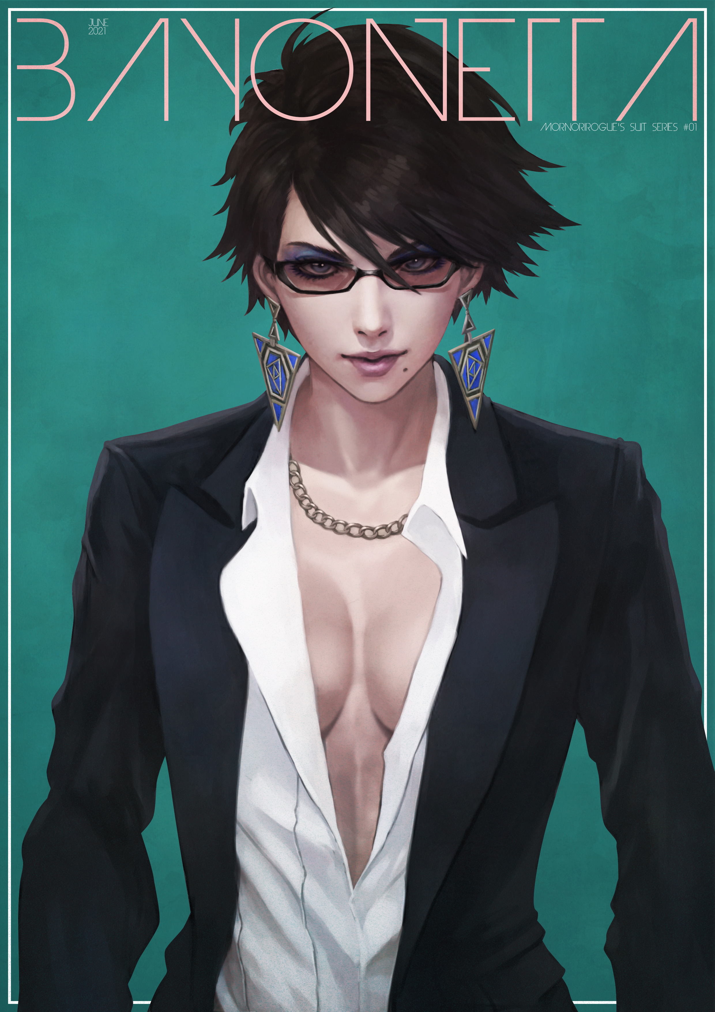 1girls, bayonetta, bayonetta (character), bayonetta 2, beauty mark, black hair, blue eyes, cleavage, clothed, earrings, female, female only, fully clothed, looking at viewer, monorirogue, necklace, open shirt, pinup, sega, short hair, solo, solo focus