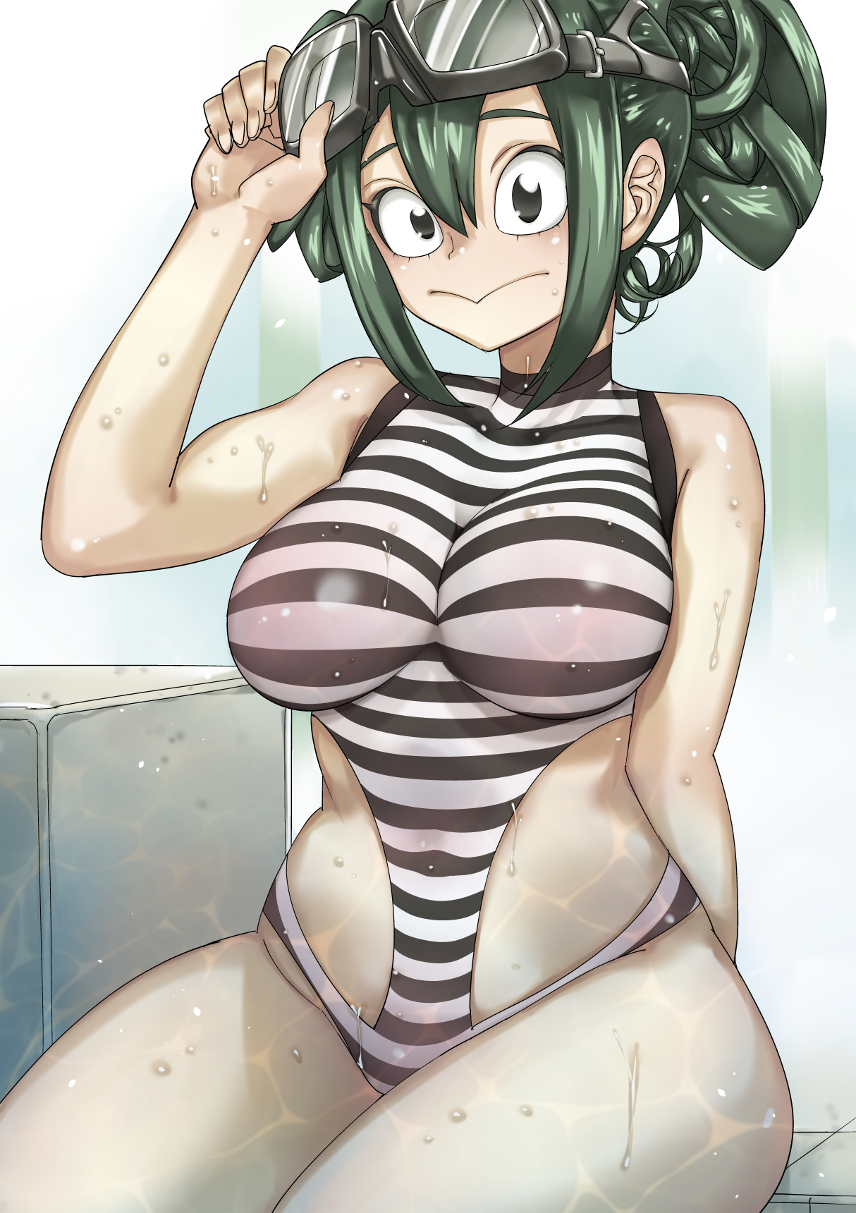 1girls, eyewear on head, female, goggles, green hair, green-haired female, looking at viewer, my hero academia, one-piece swimsuit, shosho oekaki, solo, solo female, swimsuit, thick thighs, tsuyu asui, wet, wide hips