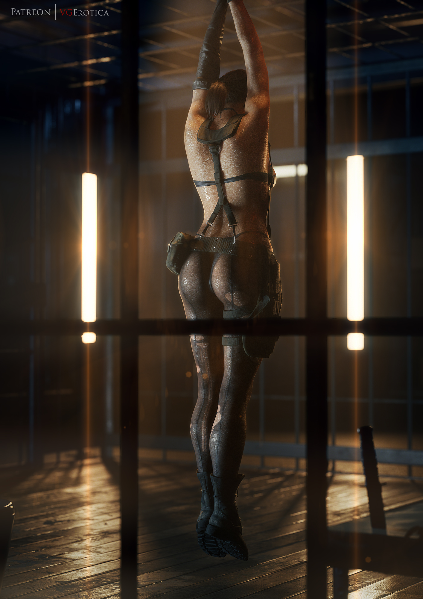 1girls, 2k, 3d, ass, big ass, bondage, brown hair, female, female only, light skin, light-skinned female, metal gear solid, metal gear solid v, ponytail, quiet (metal gear), rear view, see-through, solo, solo female, vgerotica