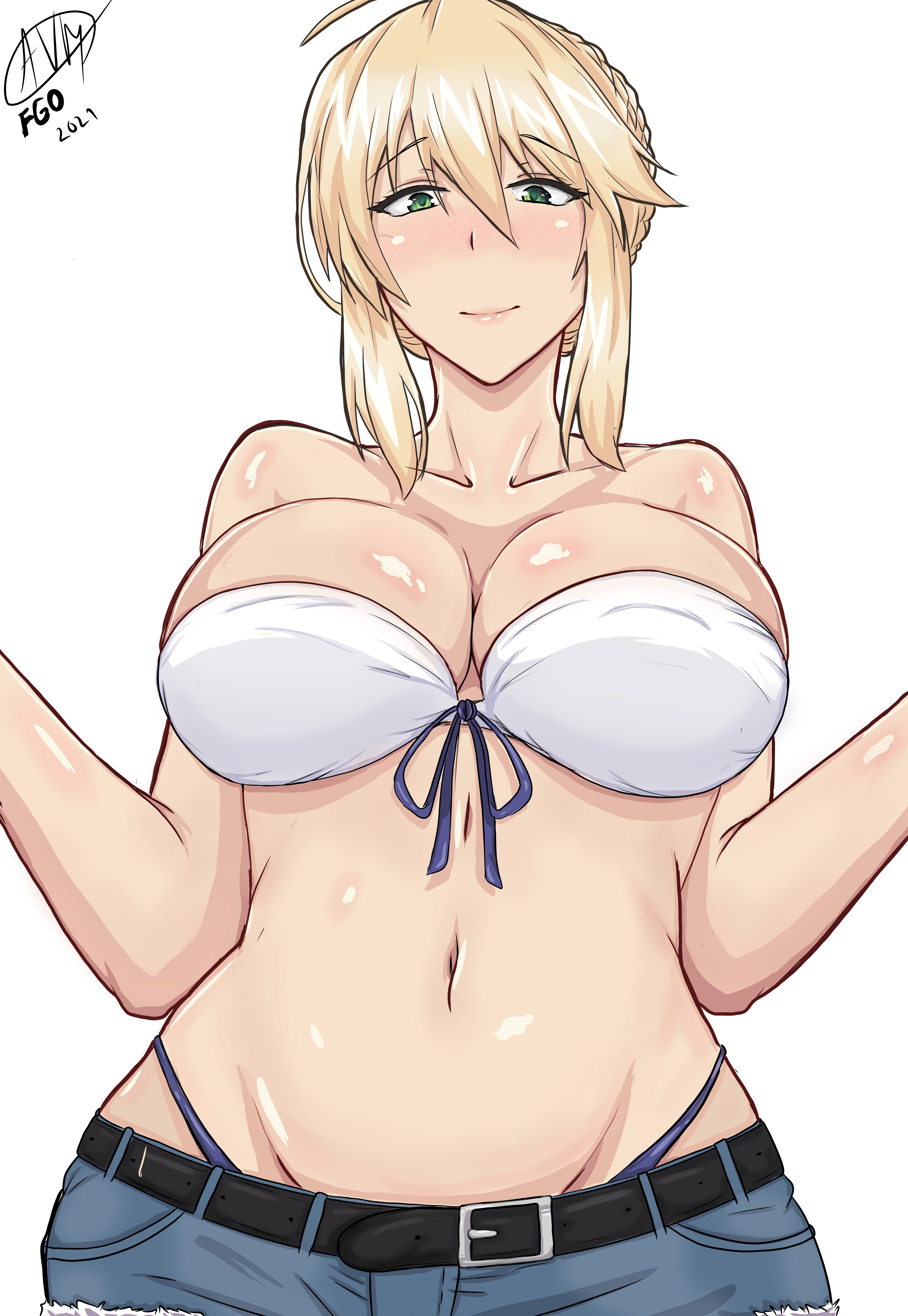 1girls, absurdres, ahoge, artist request, artoria pendragon, artoria pendragon (lancer), belt, big breasts, bikini, blonde hair, blush, breasts, cleavage, dated, fate (series), fate/grand order, female, female only, french braid, green eyes, highres, large breasts, lips, mature female, short shorts, shorts, solo, solo female, swimsuit, voluptuous, white background