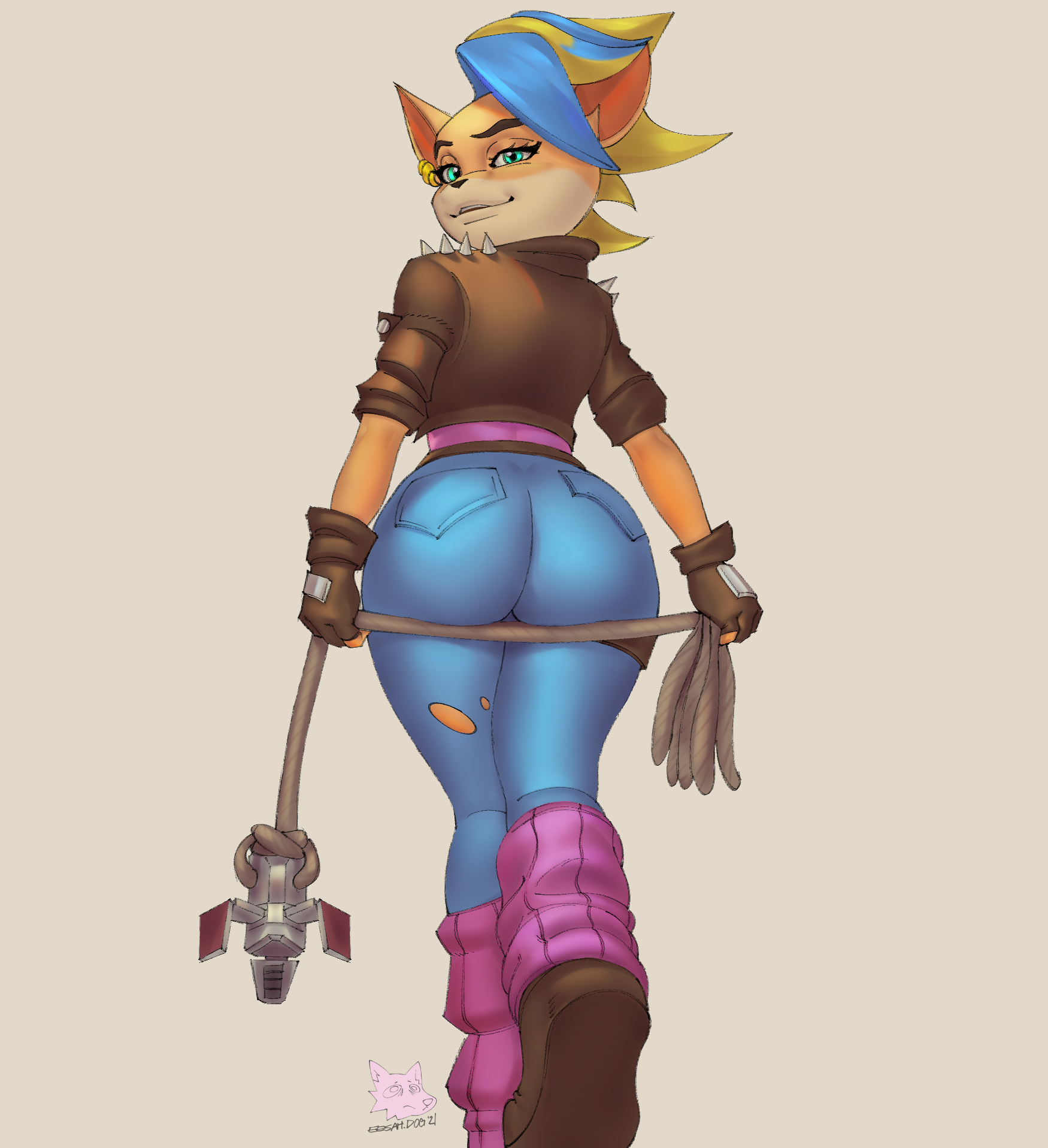 1girls, anthro, ass, ass support, big ass, blonde hair, blue hair, clothed, clothing, crash (series), crash bandicoot 4: it's about time, esahma, female, female only, from behind, furry, grappling hook, jeans, looking at viewer, looking back, pants, pirate tawna, round ass, short hair, smug, solo, tawna bandicoot, tawna bandicoot (crash 4), tight clothes, tight jeans, tight pants, two-tone hair, wide hips