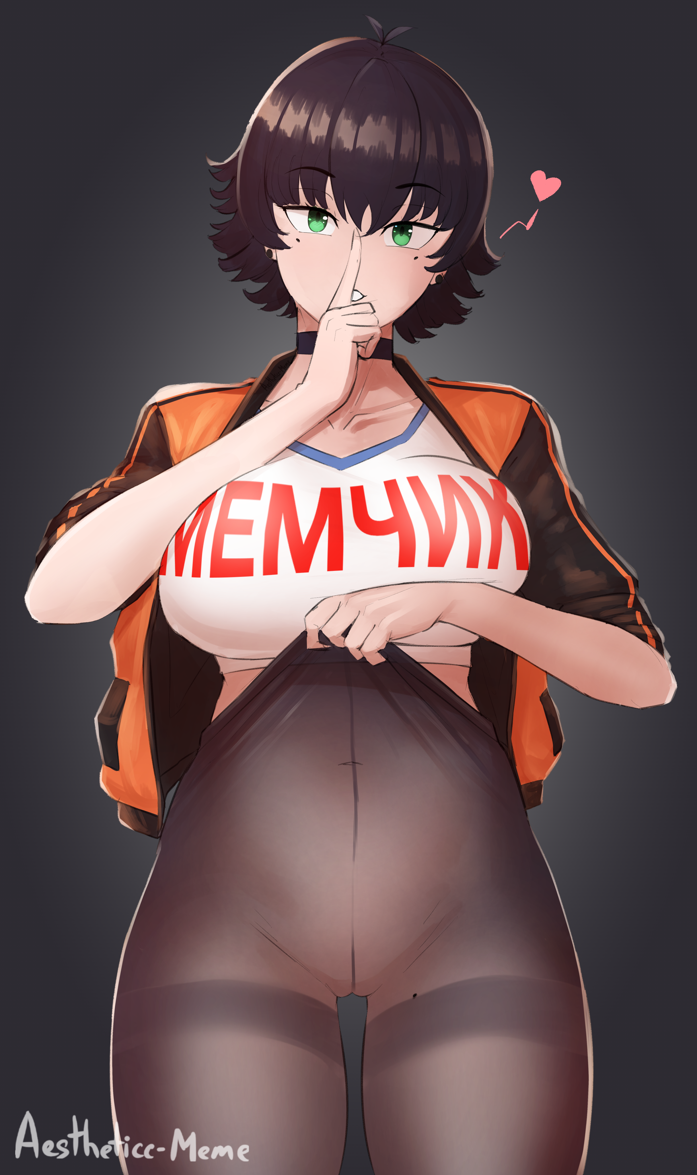 1girls, absurdres, aestheticc-meme, alex/tomboy-chan, beauty mark, big breasts, breasts, female, female only, finger on lip, green eyes, heart, highres, huge breasts, large breasts, original, pantyhose, pantyhose pull, russian text, short hair, solo, tomboy