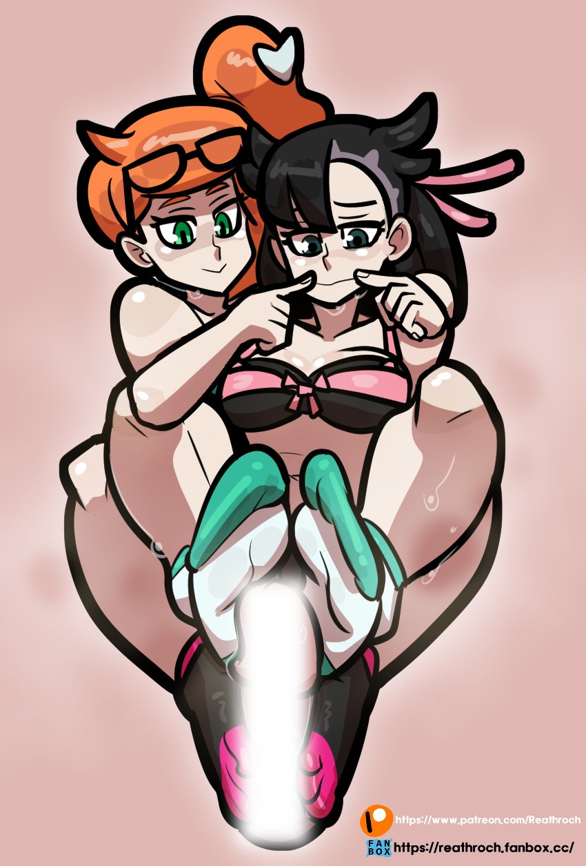 2girls, bad censor, censored, covering, eyewear on head, female, footjob, marnie (pokemon), no shoes, pokemon, pokemon ss, reathroch, solid censor, sonia (pokemon), tagme
