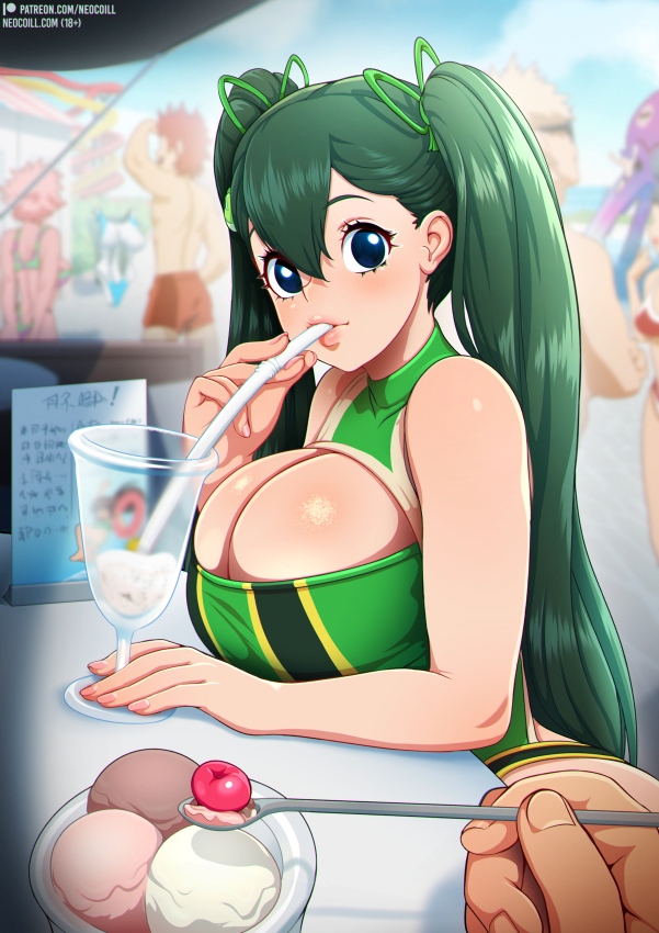 1girls, blue eyes, breasts, eijirou kirishima, female, froppy, green hair, green-haired female, hagakure tooru (invisible), hair ornament, huge breasts, ice cream, japanese text, katsuki bakugou, long hair, looking at viewer, mina ashido, my hero academia, neocoill, patreon, shiny skin, text, tooru hagakure, tooru hagakure (invisible), tsuyu asui, twintails