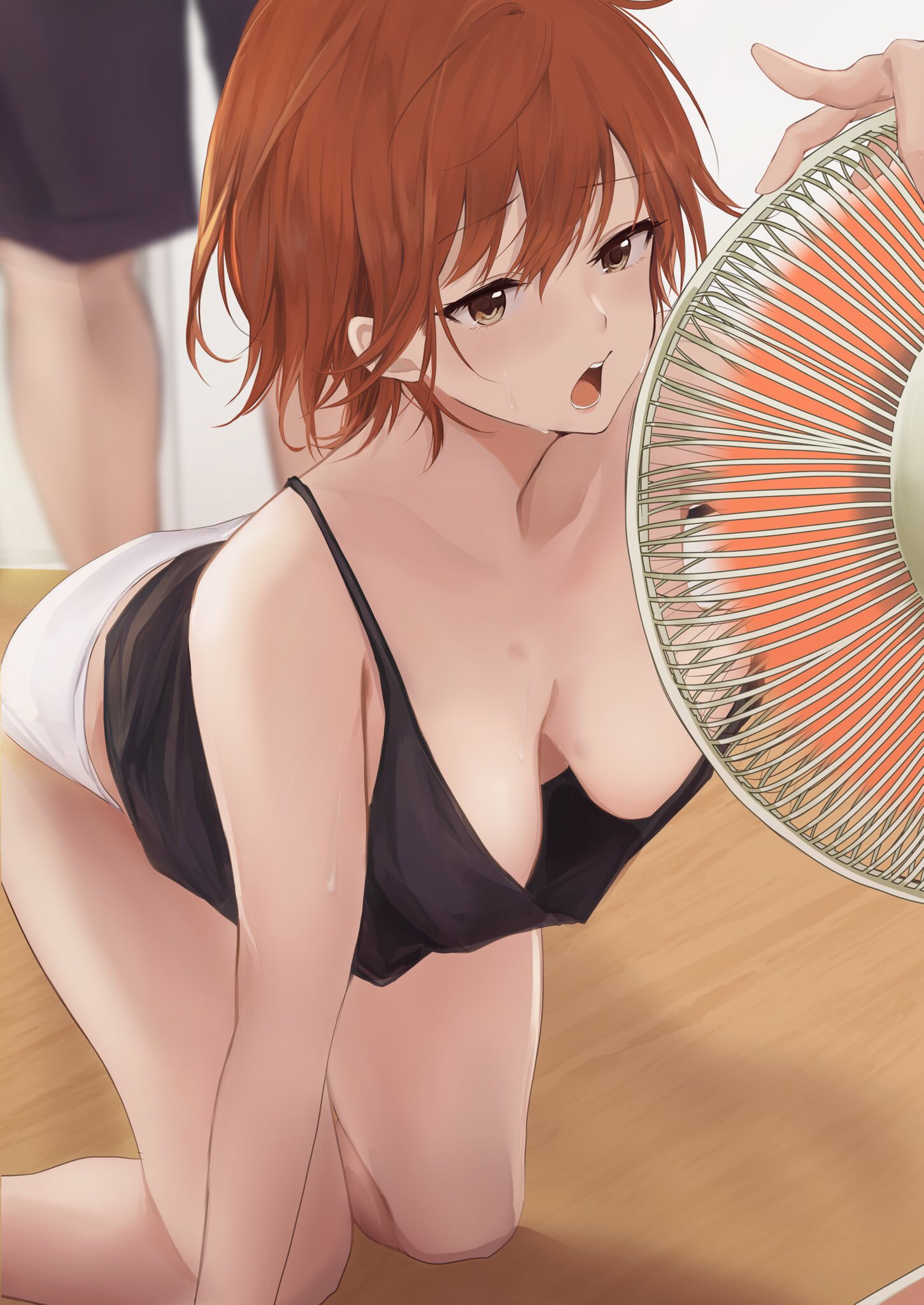 akito (d30n26), bare shoulders, bent over, breasts, brown eyes, brown hair, commentary request, cooling off, down blouse, electric fan, fan, female, hanging breasts, highres, indoors, kneeling, large breasts, medium breasts, nagi (akito), no bra, off shoulder, open mouth, original, short hair, shorts, solo focus, sweat, tank top