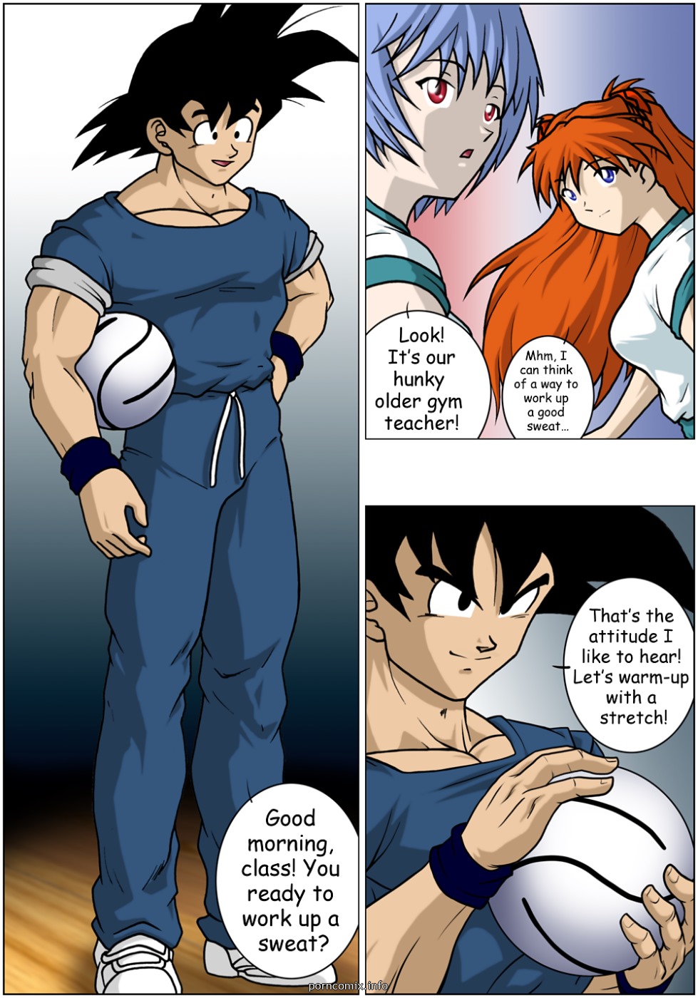 asuka_langley_sohryu black_eyes black_hair blue_eyes blue_hair clothing comic crossover dragon_ball dragon_ball_z male/female muscular muscular_male neon_genesis_evangelion orange_hair red_eyes redhead rei-ku rei_ayanami saiyan son_goku sulca threesome