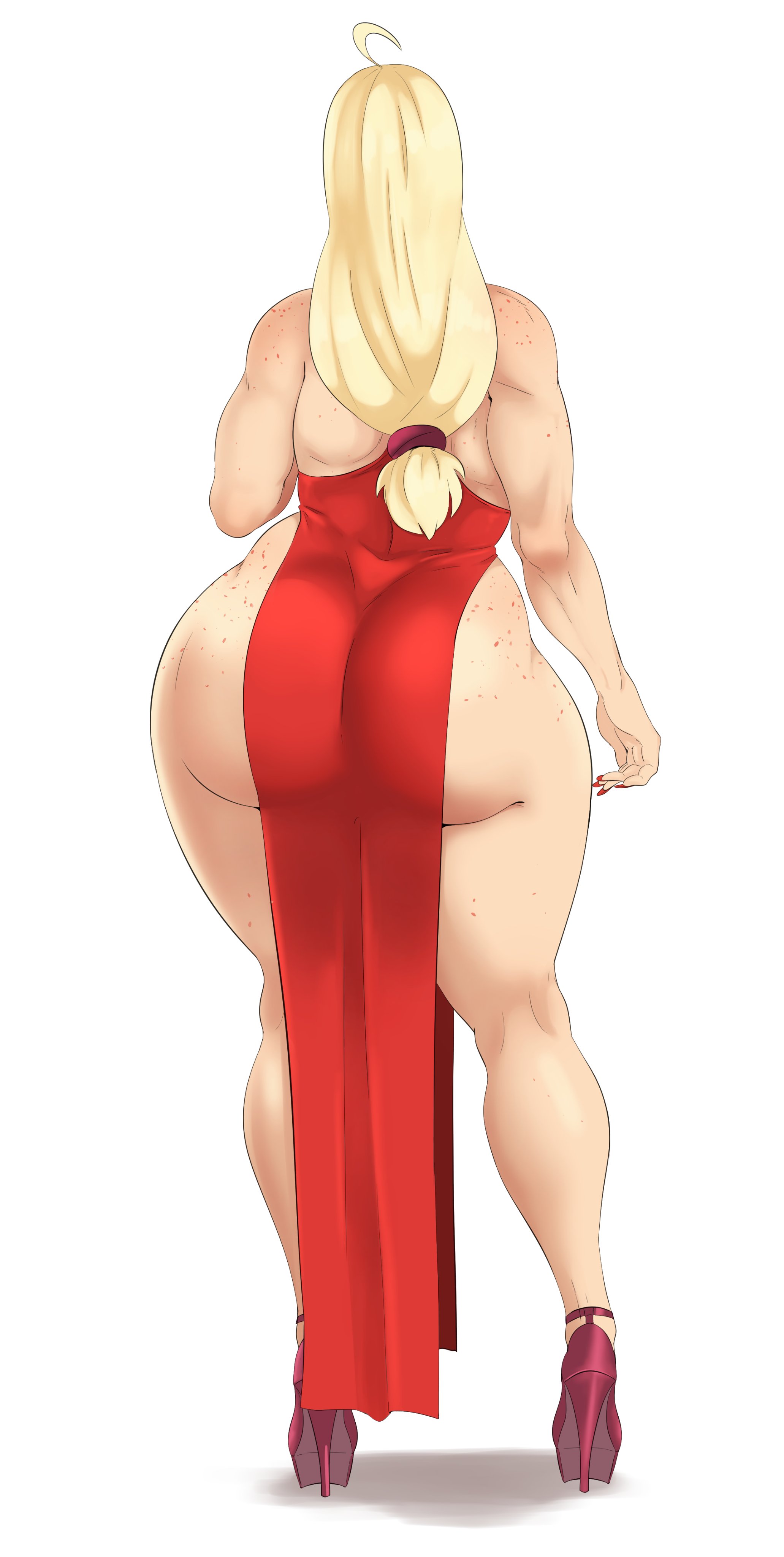1girls, applejack (mlp), ass, back, back view, big ass, big butt, blonde hair, dress, female, female focus, freckles, friendship is magic, high heels, high resolution, hourglass figure, humanized, long hair, my little pony, smooth skin, solo, solo female, sunnysundown, thick legs, thick thighs, wide hips