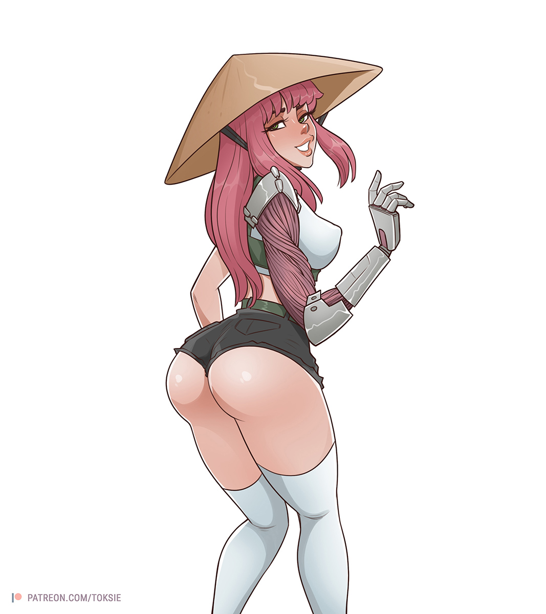 1girls, ass, ass focus, big ass, borrowed character, clothed, commission, cutoffs, female, female only, green eyes, grin, long hair, looking at viewer, looking back, nipples visible through clothing, original, original character, pink hair, plain background, reiju niboshi (basketlewd), shiny ass, short shorts, shorts, smile, solo, straw hat, thick thighs, thighhighs, toksie, white background