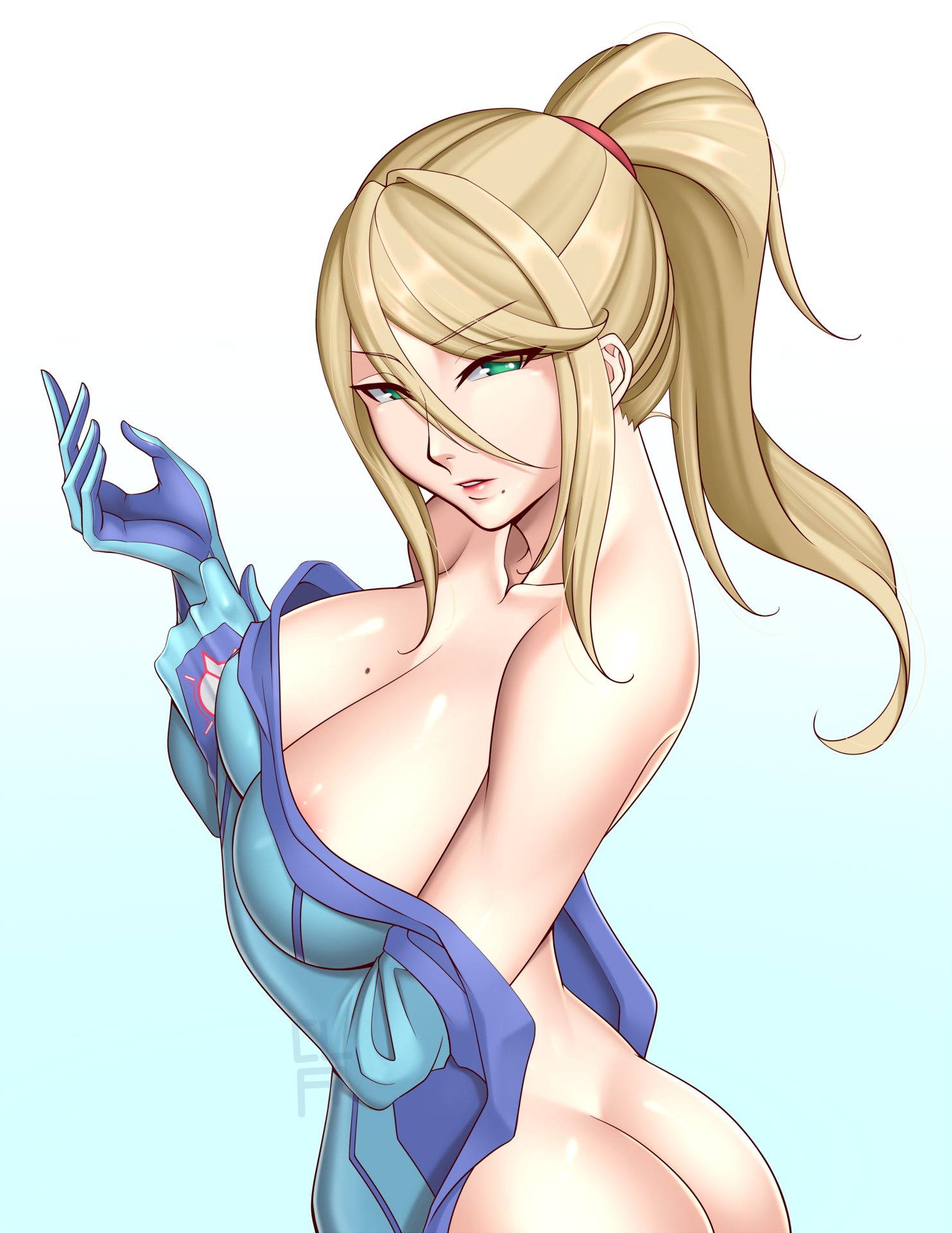 1girls, ass, back, breasts, cleru (cleruuuuu), female, female only, metroid, nintendo, samus aran, solo, stripping, tagme, zero suit, zero suit samus
