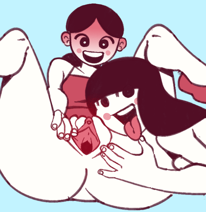 2girls blush clothing ethercoffee girl_(rhythm_heaven_fever) legs_spread multiple_girls nintendo pale_skin pussy red_dress rhythm_heaven rhythm_heaven_fever rhythm_tengoku spread_legs spread_pussy tongue_out yuka_(rhythm_tengoku) yuri