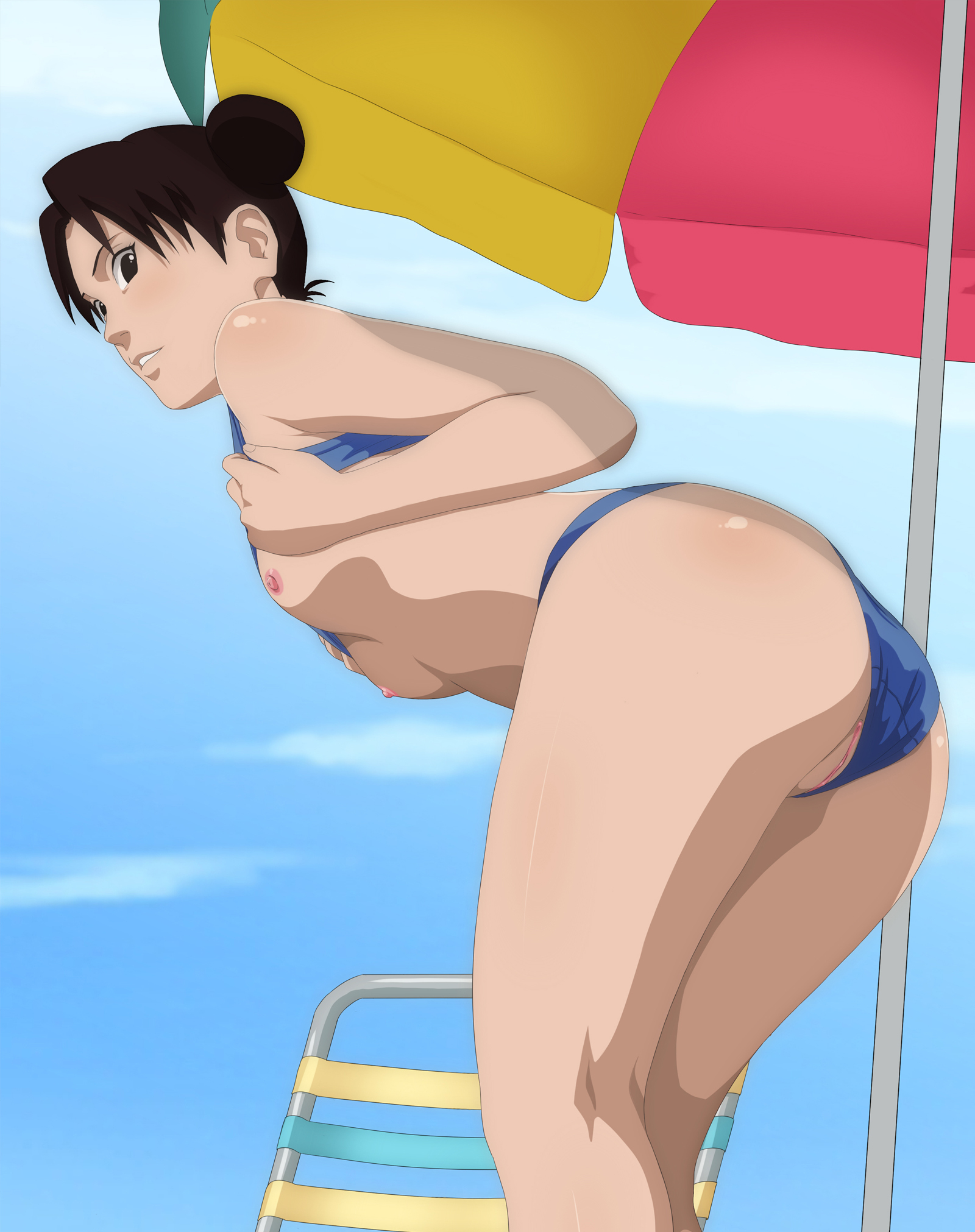 1girls, ass, bare arms, bare legs, bare shoulders, beach, beach chair, beach umbrella, bikini, bikini aside, bikini lift, blue sky, breasts, chair, clouds, female, female only, from behind, lifted by self, looking at viewer, looking to the side, naruto, naruto (series), naruto shippuden, outdoors, presenting, presenting breasts, presenting pussy, pussy, side view, small breasts, solo, solo focus, swimsuit, teasing, tenten, umbrella, undressing