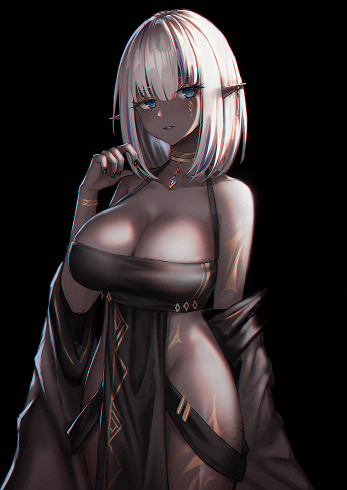 bangs, bare shoulders, black dress, blue eyes, body markings, breasts, cleavage, collarbone, dark elf, dark skin, dark-skinned female, detached sleeves, dress, earrings, elf, facial mark, female, hand up, jewelry, large breasts, looking at viewer, necklace, original, parted lips, pelvic curtain, pointy ears, revealing clothes, short hair, sidelocks, skimpy, smile, solo, streaked hair, white hair, yurichtofen