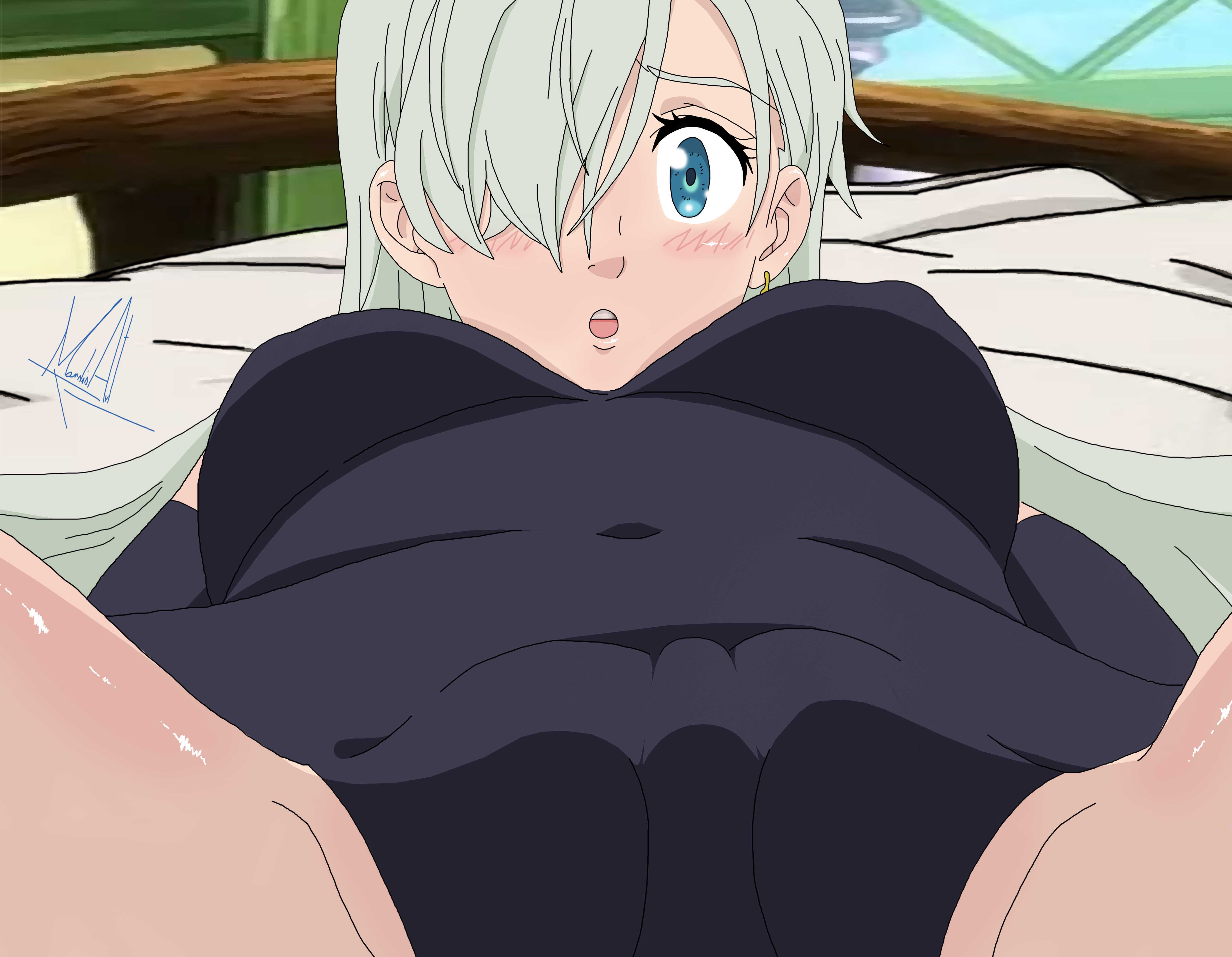 1girls, big breasts, blue eyes, blush, breasts, close-up, dat pussy, elizabeth liones, female, female only, hair over one eye, imminent oral, lying on back, mandio art, nanatsu no taizai, presenting pussy, pussy, pussy close-up, solo, tagme, white hair, white-haired female