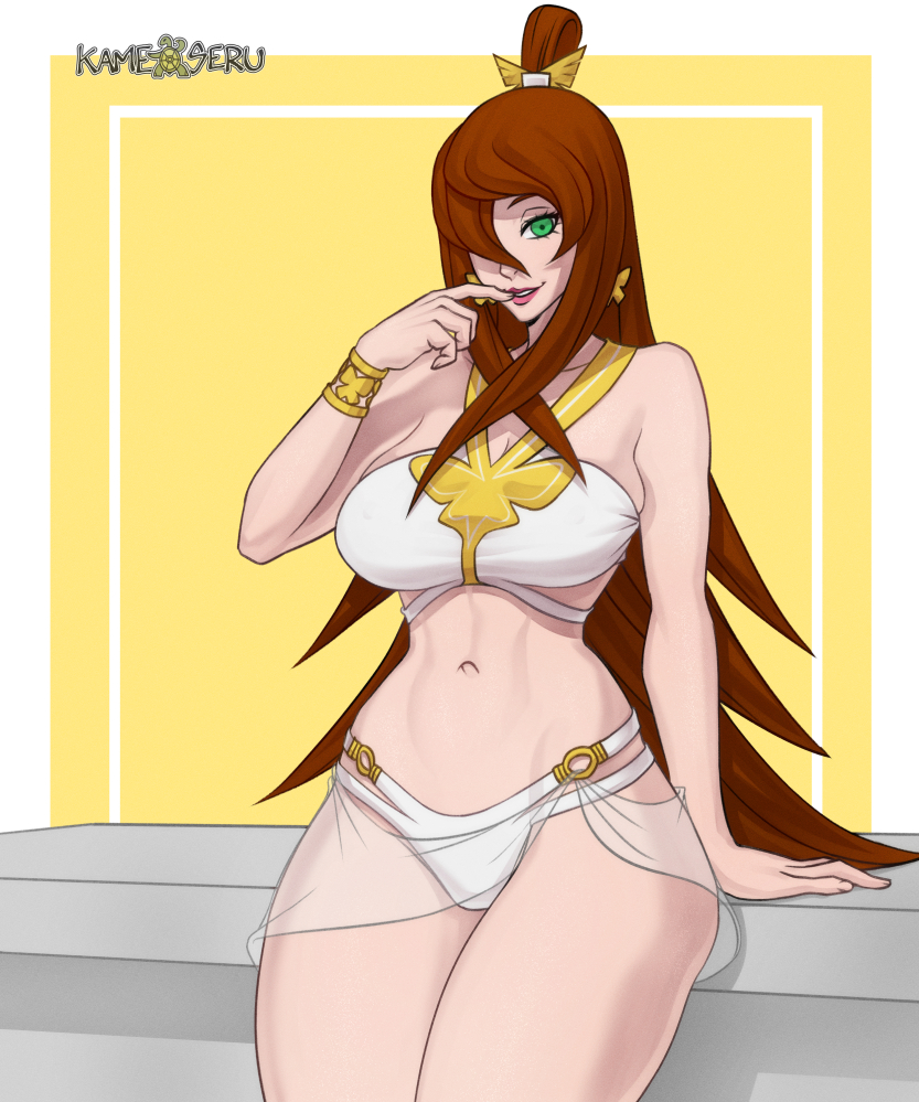 1girls, arm support, bikini, brown hair, brown-haired female, clothed female, curvy figure, egyptian clothes, female, female only, finger to mouth, green eyes, kameseru, lipstick, long hair, looking at viewer, makeup, mature, mature female, mei terumi, midriff, naruto, naruto (series), naruto shippuden, parted lips, revealing clothes, sitting, smile, tied hair, topknot, very long hair, wide hips