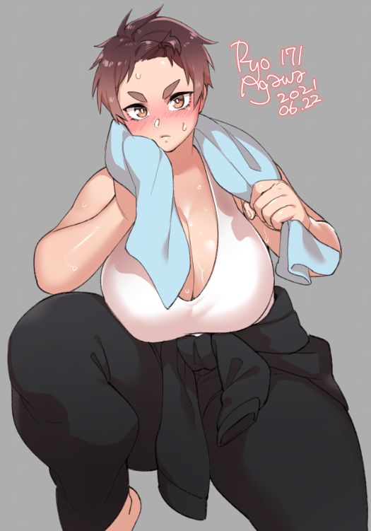 1girls, big breasts, blush, breasts, brown hair, cleavage, female, female only, large breasts, looking at viewer, ryo agawa, short hair, solo, solo female, solo focus, sweat, tomboy, very short hair