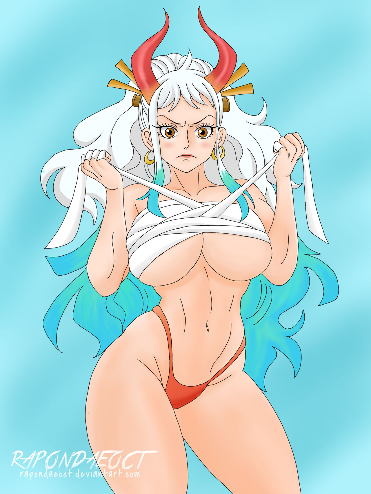 1girls, big breasts, blue hair, blush, bound breasts, breasts, brown eyes, clothed, clothing, curvy, demon, ear piercing, earrings, female, female focus, female only, gradient hair, hi res, highres, hoop earrings, horn, horned humanoid, horns, humanoid, legs, light skin, light-skinned female, long hair, multicolored hair, one piece, oni, oni horns, panties, rapondaeoct, revealing clothes, simple background, solo, thong, two-tone hair, underboob, white hair, white-haired female, wide hips, yamato (one piece), yokai