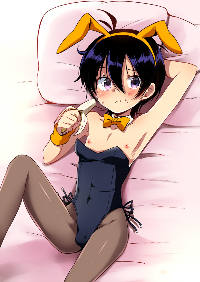 armpit banana black_hair black_leotard bodysuit bulge bunny_ears bunnysuit eating exposed_nipples jojo's_bizarre_adventure laying_on_bed leotard marimo_danshaku narancia_ghirga pantyhose tagme vento_aureo