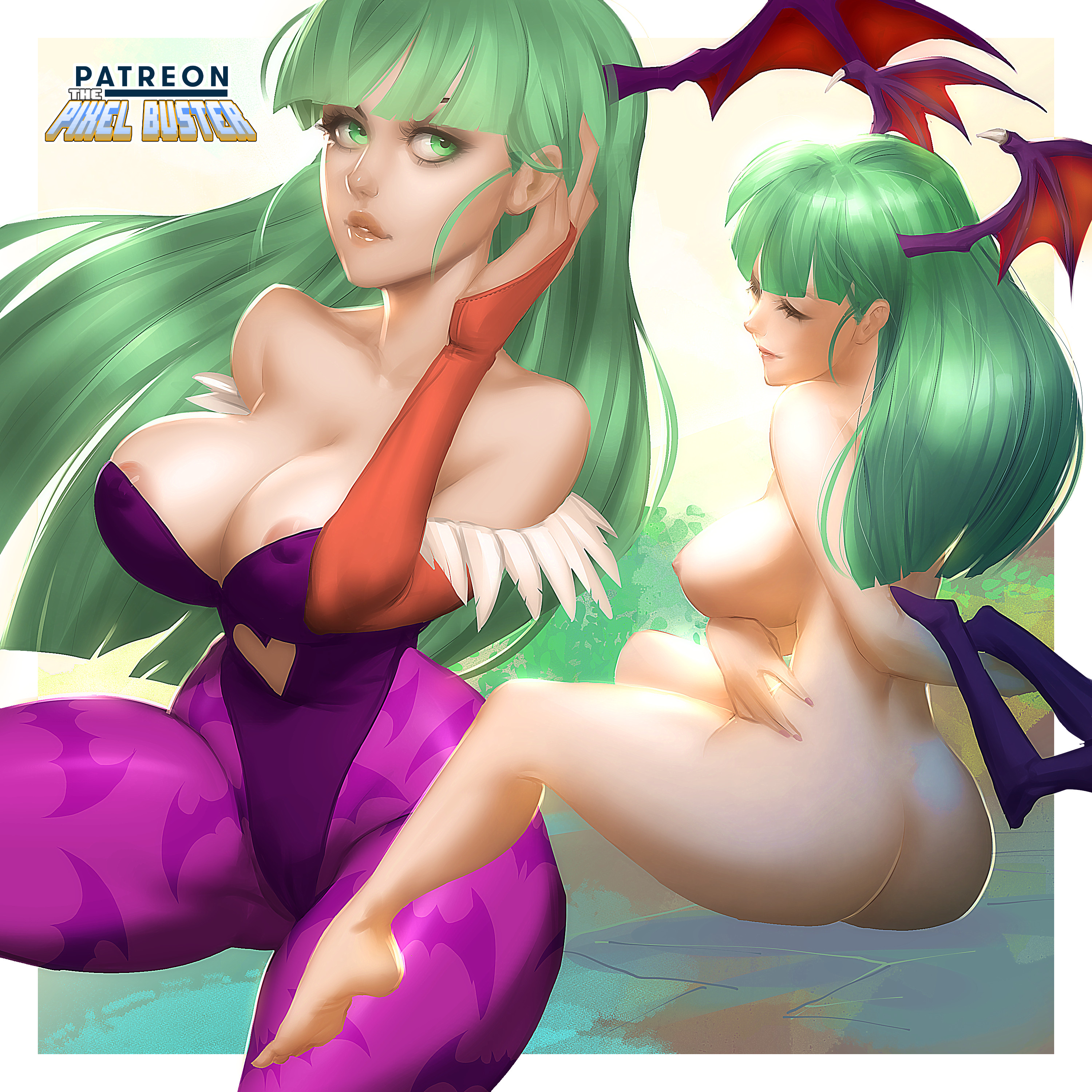 bat print, breasts, clothing, darkstalkers, demon, dual persona, female, green eyes, green hair, large breasts, long hair, morrigan aensland, nude, succubus, thepixelbuster