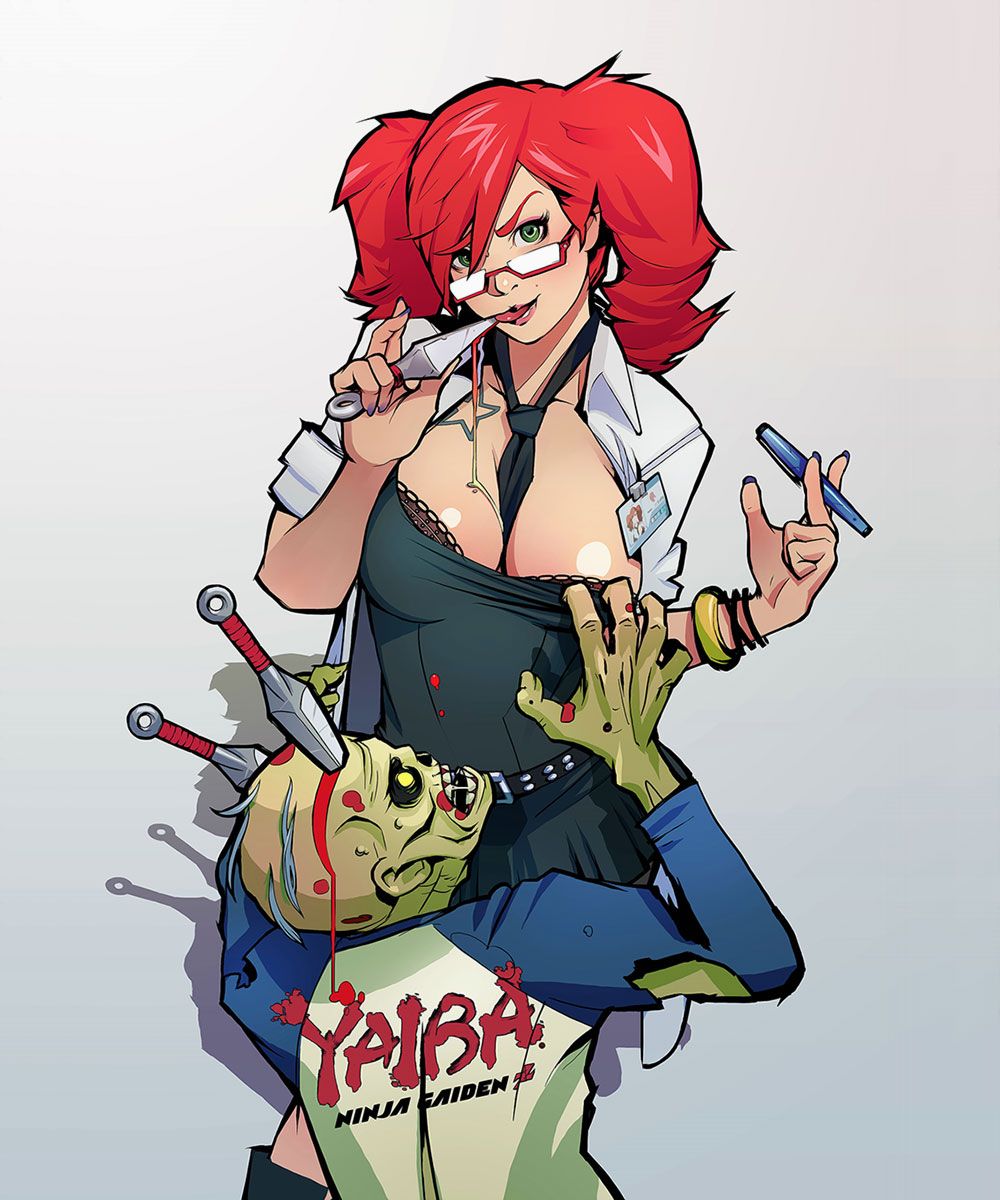 1girls background big_breasts breasts busty cleavage glasses green_eyes large_breasts light-skinned_female light_skin looking_at_viewer miss_monday_(ninja_gaiden) ninja_gaiden simple_background tattoo text unknown_artist upper_body yaiba:_ninja_gaiden_z zombie