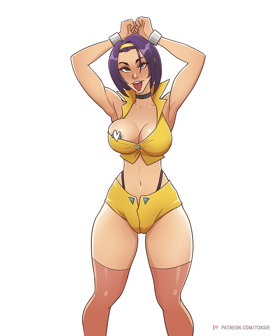 1girls areola_slip areolae breasts censored choker cleavage cowboy_bebop cuffs faye_valentine female female_only green_eyes hairband hands_above_head heart_censor human large_breasts looking_at_viewer navel nipple_piercing nipple_slip open_mouth pale-skinned_female pale_skin plain_background purple_hair revealing_clothes short_hair shorts skimpy skimpy_clothes smile solo thick_thighs thighhighs toksie tongue_out white_background