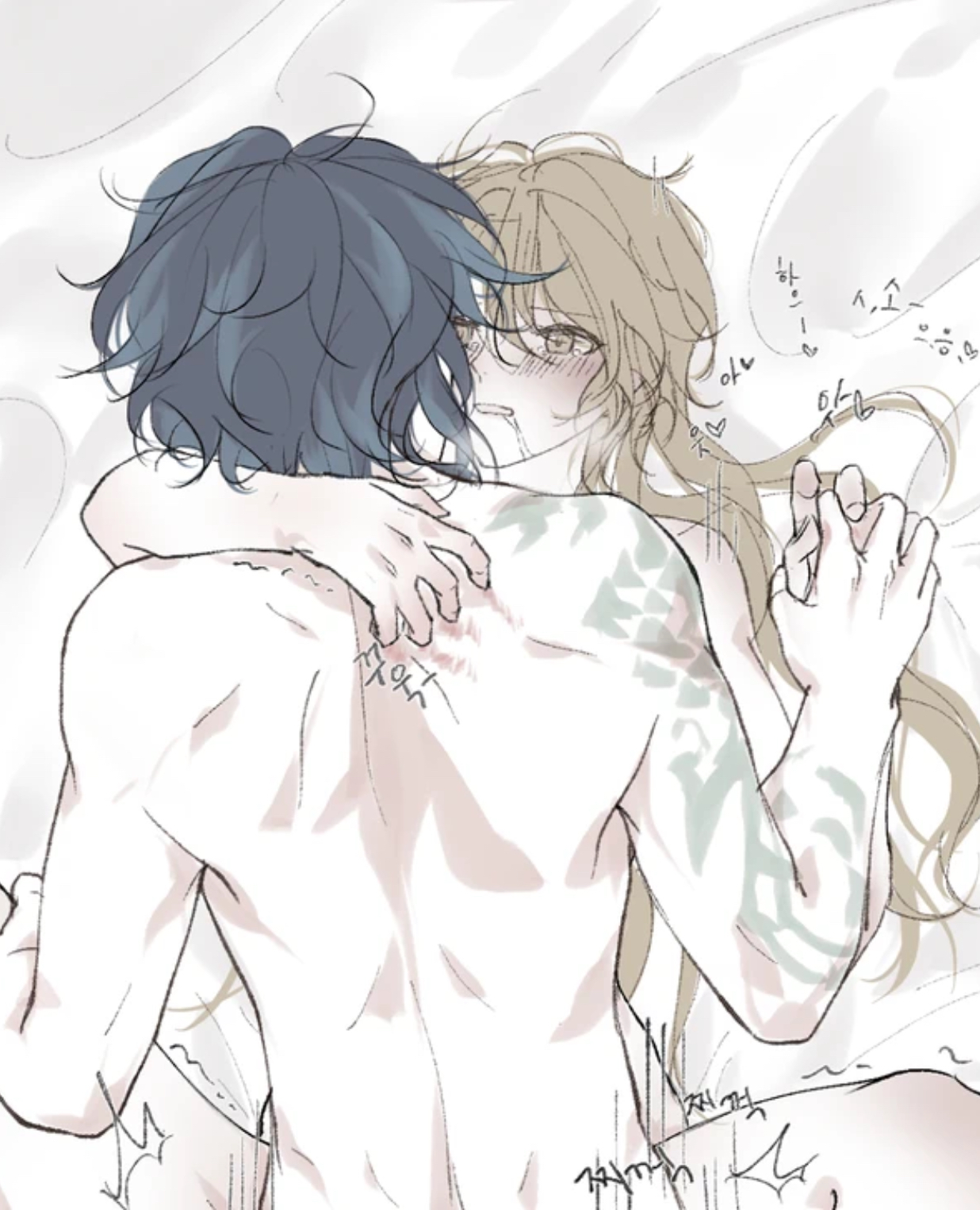 aether (genshin impact), artist request, blonde hair, blue hair, blush, drooling, genshin impact, male, male only, missionary, scratches, xiao (genshin impact), yaoi, yellow eyes