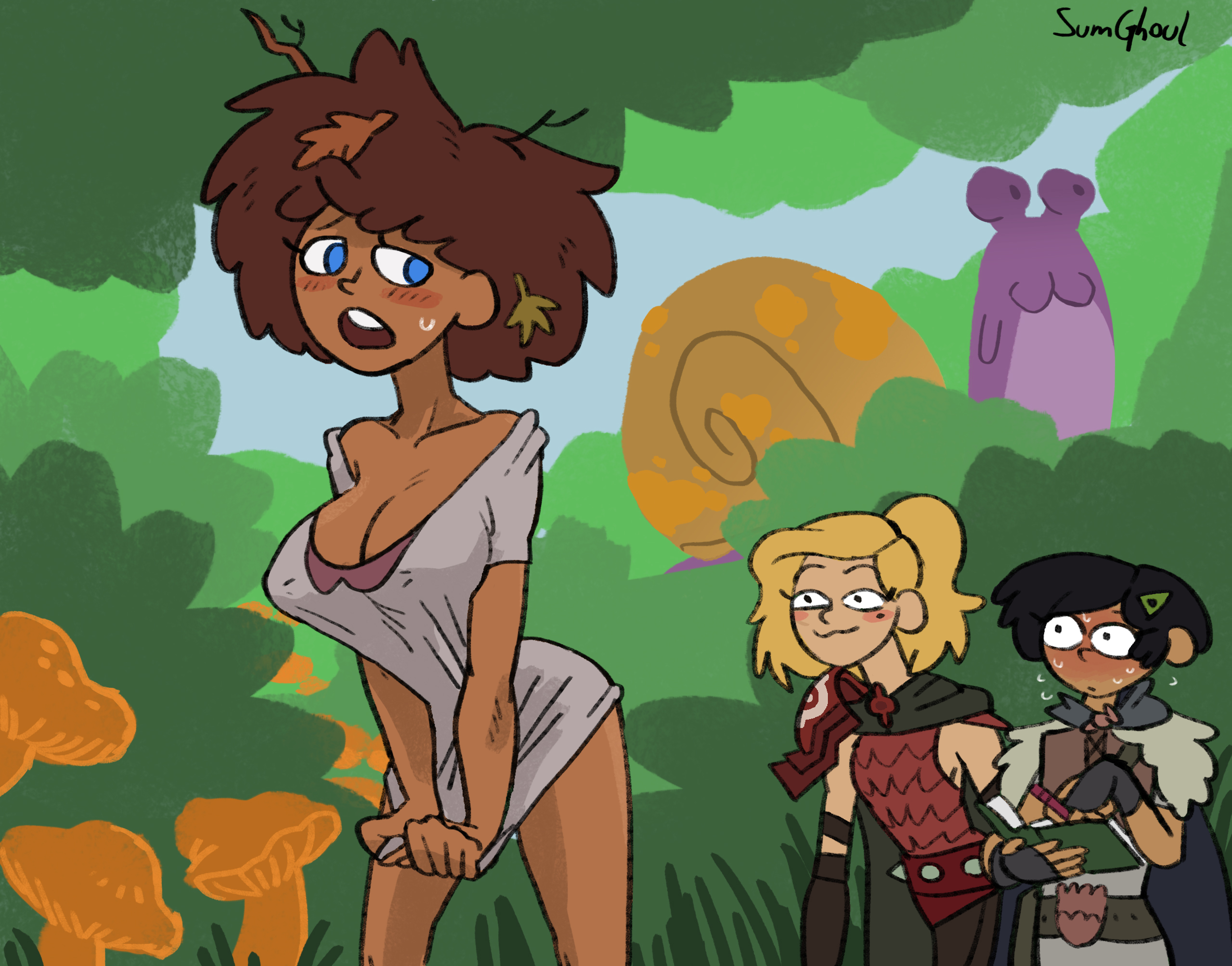 3girls, amphibia, anne boonchuy, big breasts, black hair, blonde hair, blush, breasts, brown hair, dark hair, dark skin, dark-skinned female, disney, disney channel, female, female only, female protagonist, group, human, light hair, marcy wu, multiple females, multiple girls, no pants, pale skin, pantless, pantsless, sasha waybright, shirt, shirt only, sumghoul, t-shirt, taiwanese, thai, trio, yuri