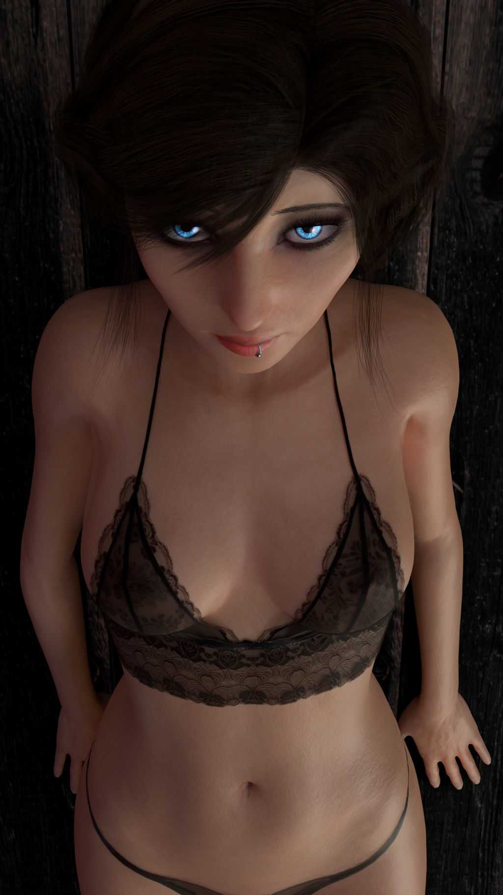1girls, 3d, athletic, athletic female, bioshock, bioshock infinite, blue eyes, breasts, brown hair, cleavage, elizabeth comstock, eyeshadow, female, female only, g-string, goth, heebiejeebus, hourglass figure, lingerie, lip piercing, looking at viewer, looking up, mascara, navel, piercing, solo, wide hips