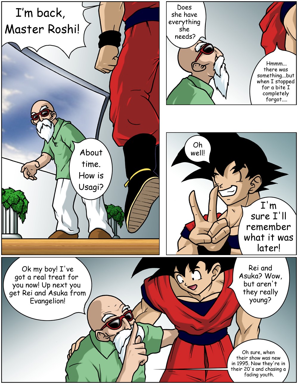 bishoujo_senshi_sailor_moon blonde_hair clothing comic dragon_ball dragon_ball_z glasses goku male male/female master_roshi muscular muscular_male sailor_moon saiyan son_goku sulca usagi_tsukino