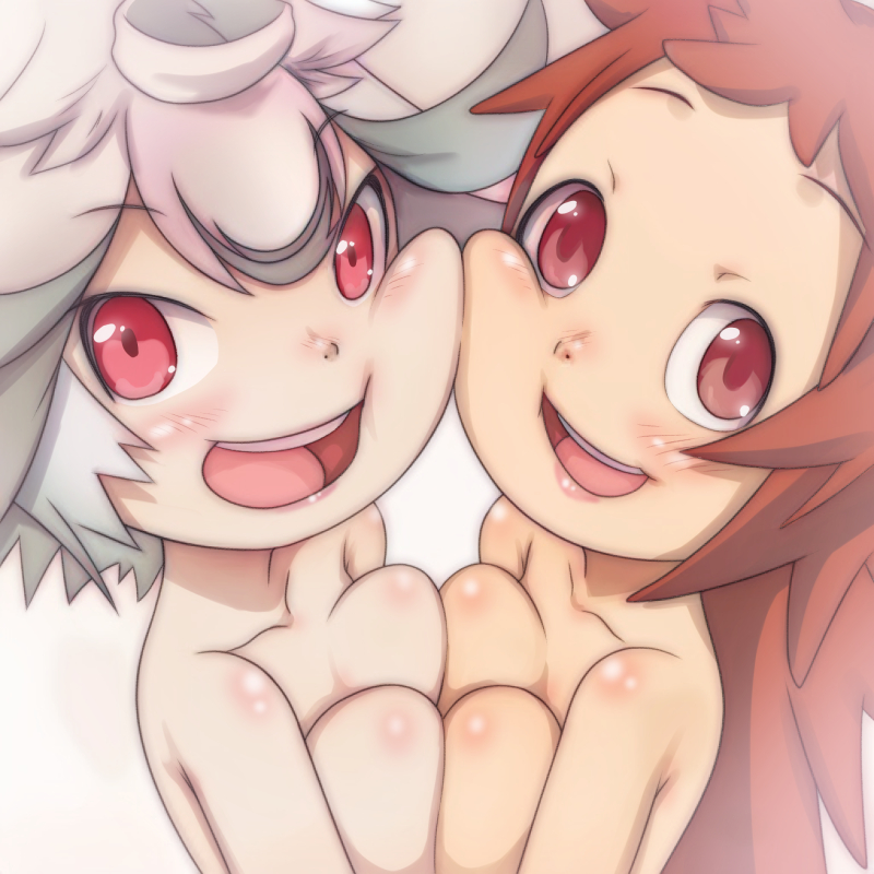 2girls big_breasts blush breast_press breast_squish cheek-to-cheek cleavage female female_only long_hair looking_at_viewer made_in_abyss mitty multiple_girls nude open_mouth prushka red_eyes red_hair short_hair smile tareme tjiro tsurime upper_body white_hair yuri