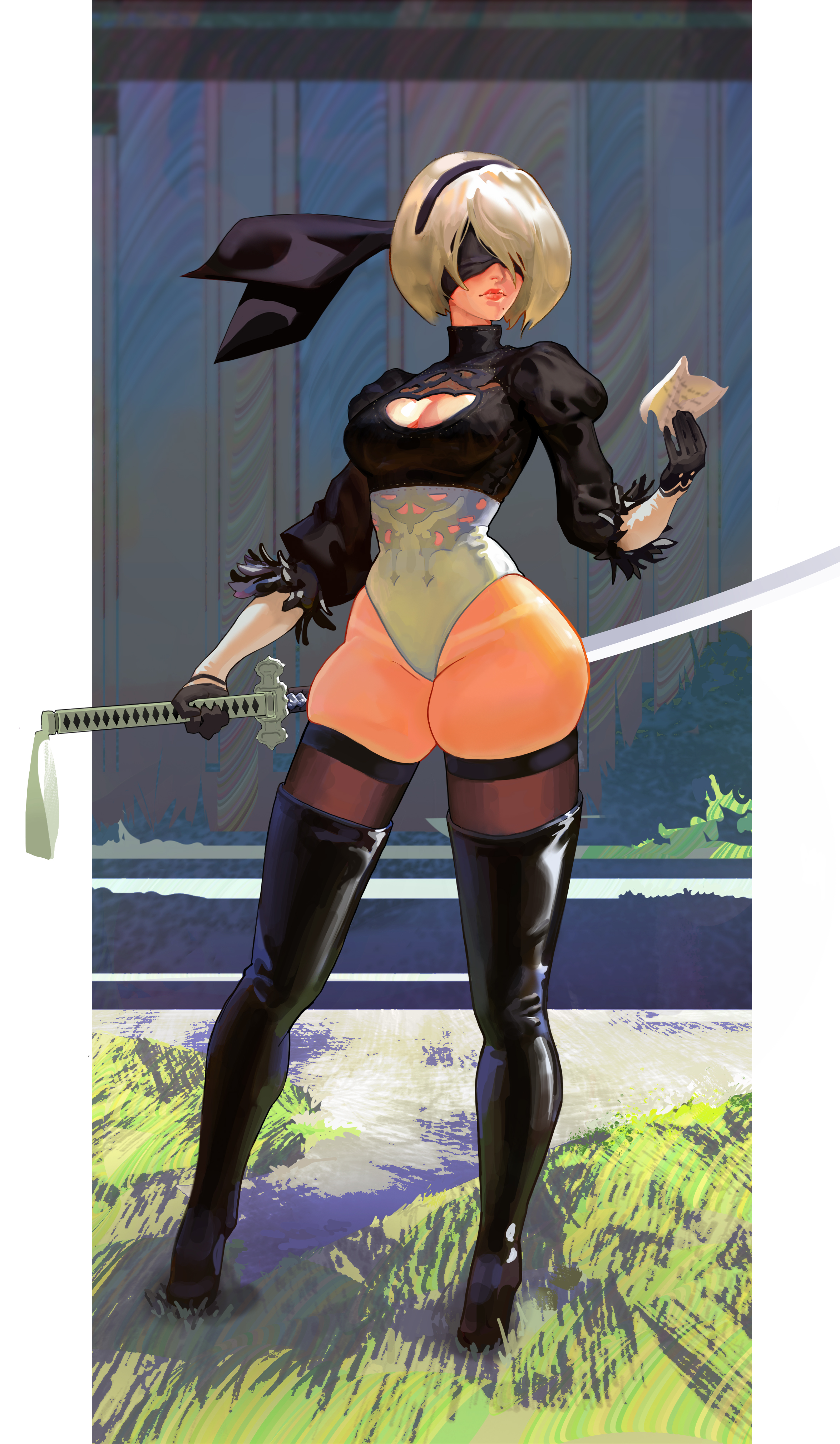 1girls, breasts, cleavage, female, leotard, medium breasts, nier (series), nier: automata, purpleisaprose, short hair, square enix, tanline, thick thighs, thigh squish, thighhigh boots, thighhighs, white hair, wide hips, yorha 2b