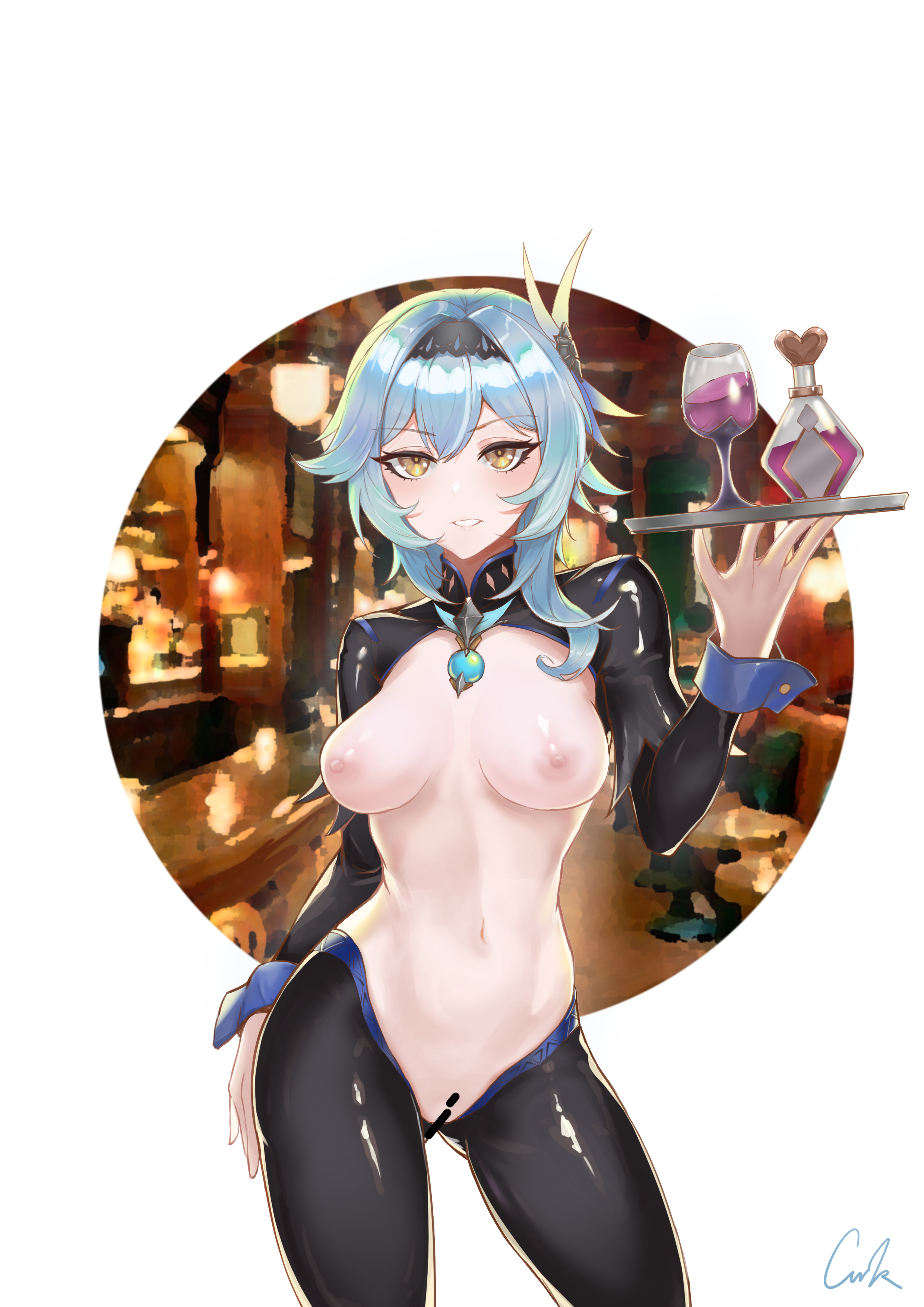 1girls, alcohol, blue hair, breasts, drink, eula (genshin impact), female, female only, genshin impact, hi res, looking at viewer, love potion, medium breasts, nipples, pussy, reverse bunnysuit, reverse outfit, smile, solo, waitress, yellow eyes