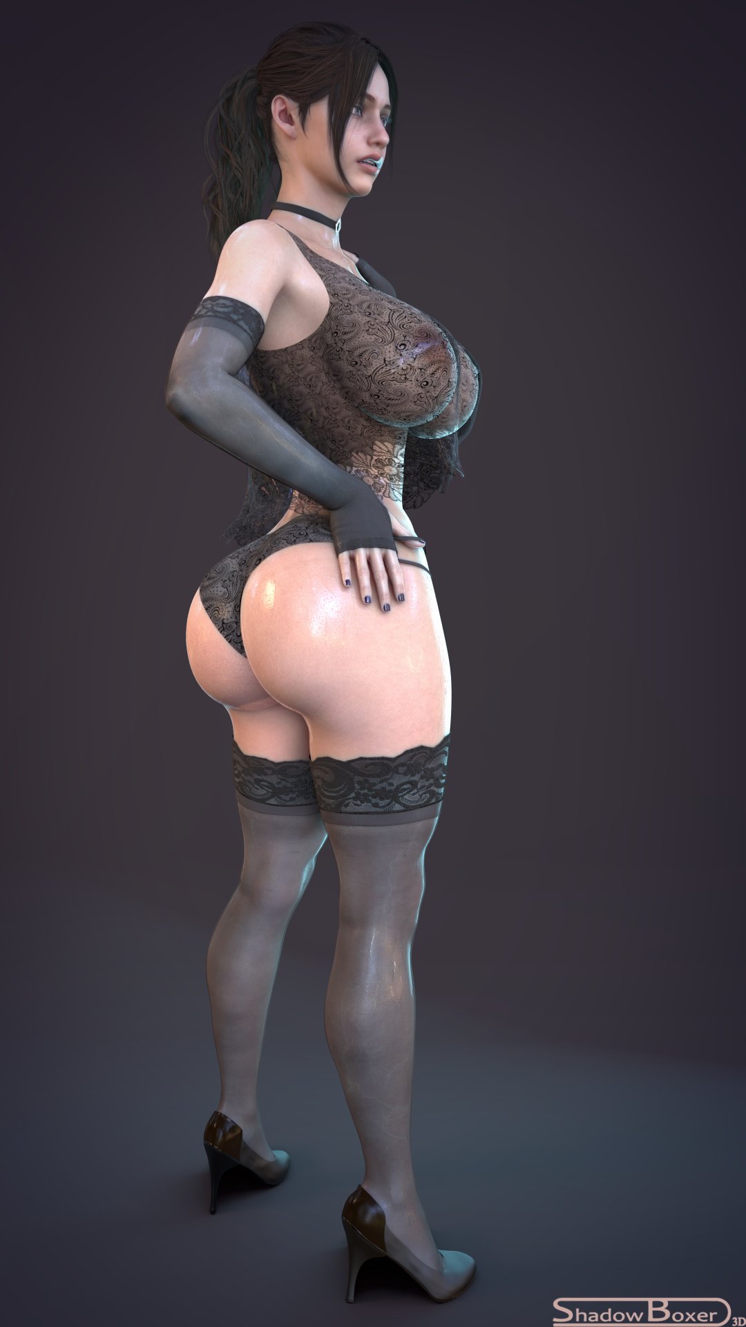 1girls, 3d, areolae, ass, big breasts, blender, breasts, claire redfield, female, female only, high heels, huge ass, large breasts, nipples, resident evil, resident evil 2, shadowboxer, solo